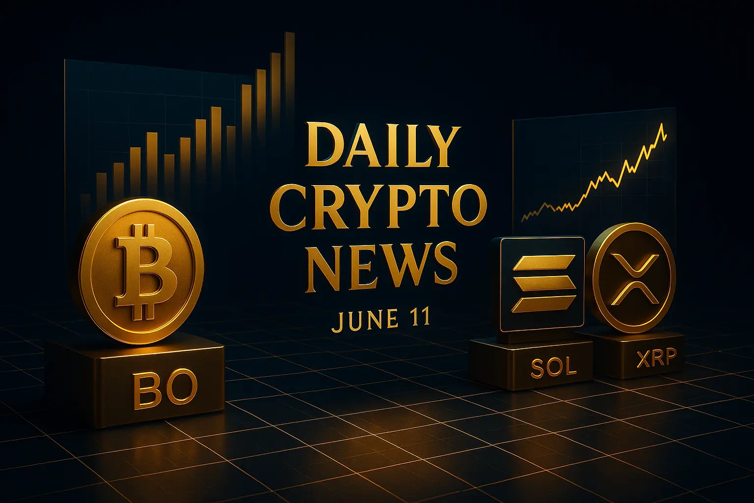 未来的な取引フロアに浮かぶビットコイン、Solana、XRPの3Dロゴと上昇チャートの構成