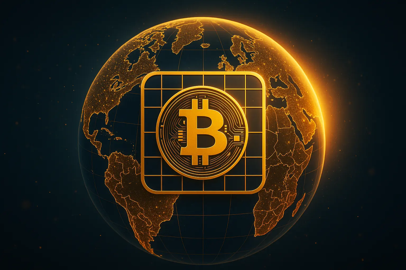 金色のビットコインシンボルとグリッドが中央に描かれた光る地球儀のイラスト