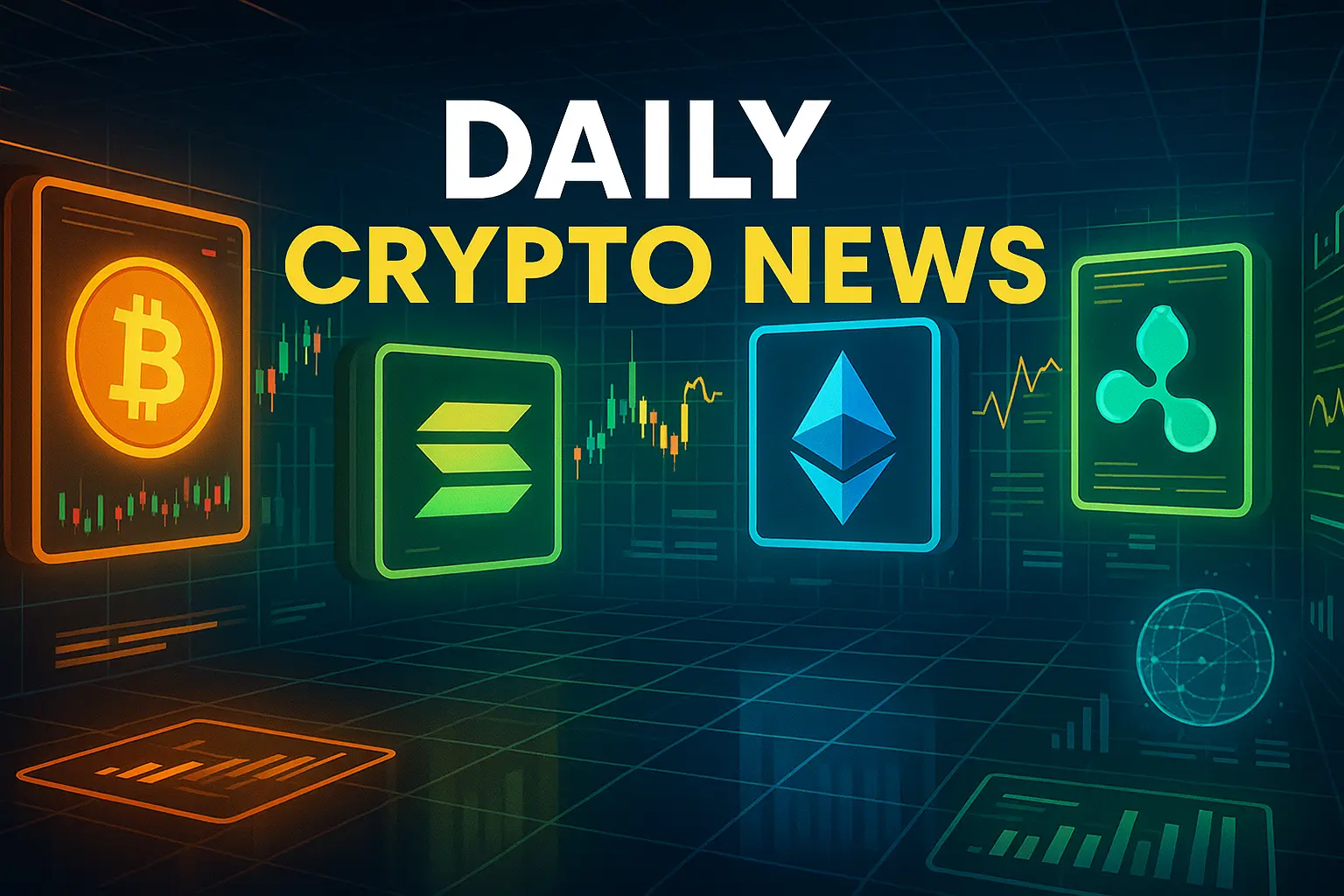 ビットコイン・イーサリアム・ソラナ・リップルが並ぶ未来的な仮想通貨取引フロアのデジタルイラスト
