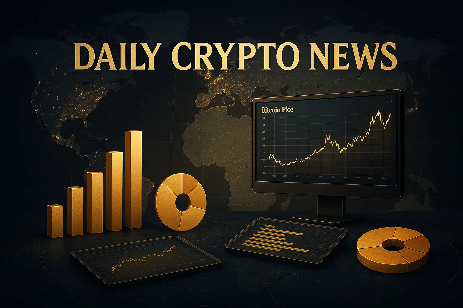 ゴールド調のチャートとモニターが重なる世界地図背景の仮想通貨マーケットビジュアル