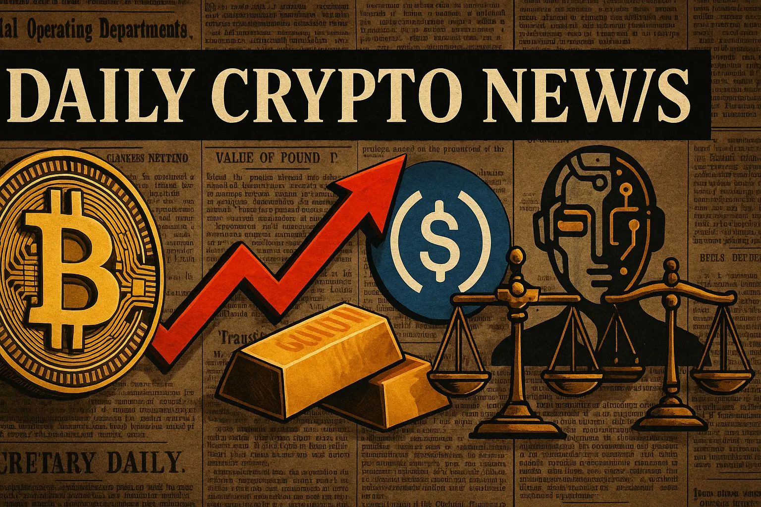 新聞紙を背景にした仮想通貨の視覚コラージュ。ビットコイン、ステーブルコイン、AI、金、法の天秤が象徴的に描かれている。