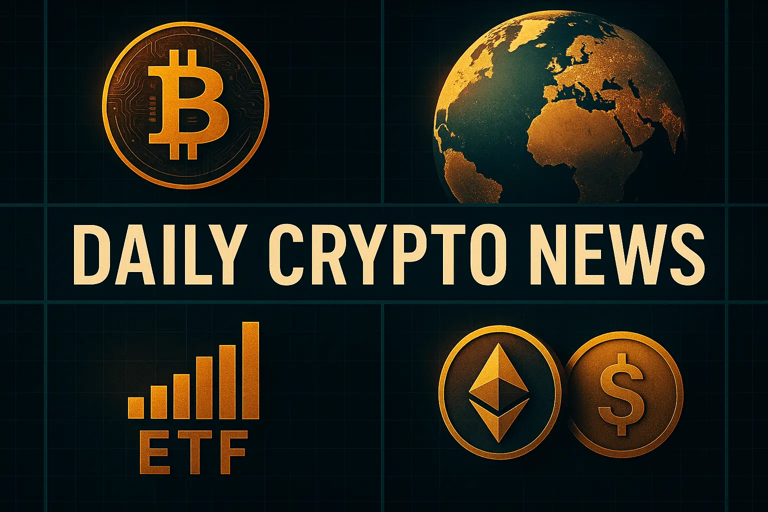 ビットコインとイーサリアム、ETF、暗号通貨の地政学的動向を描いた日次ニュースのビジュアルアイキャッチ画像