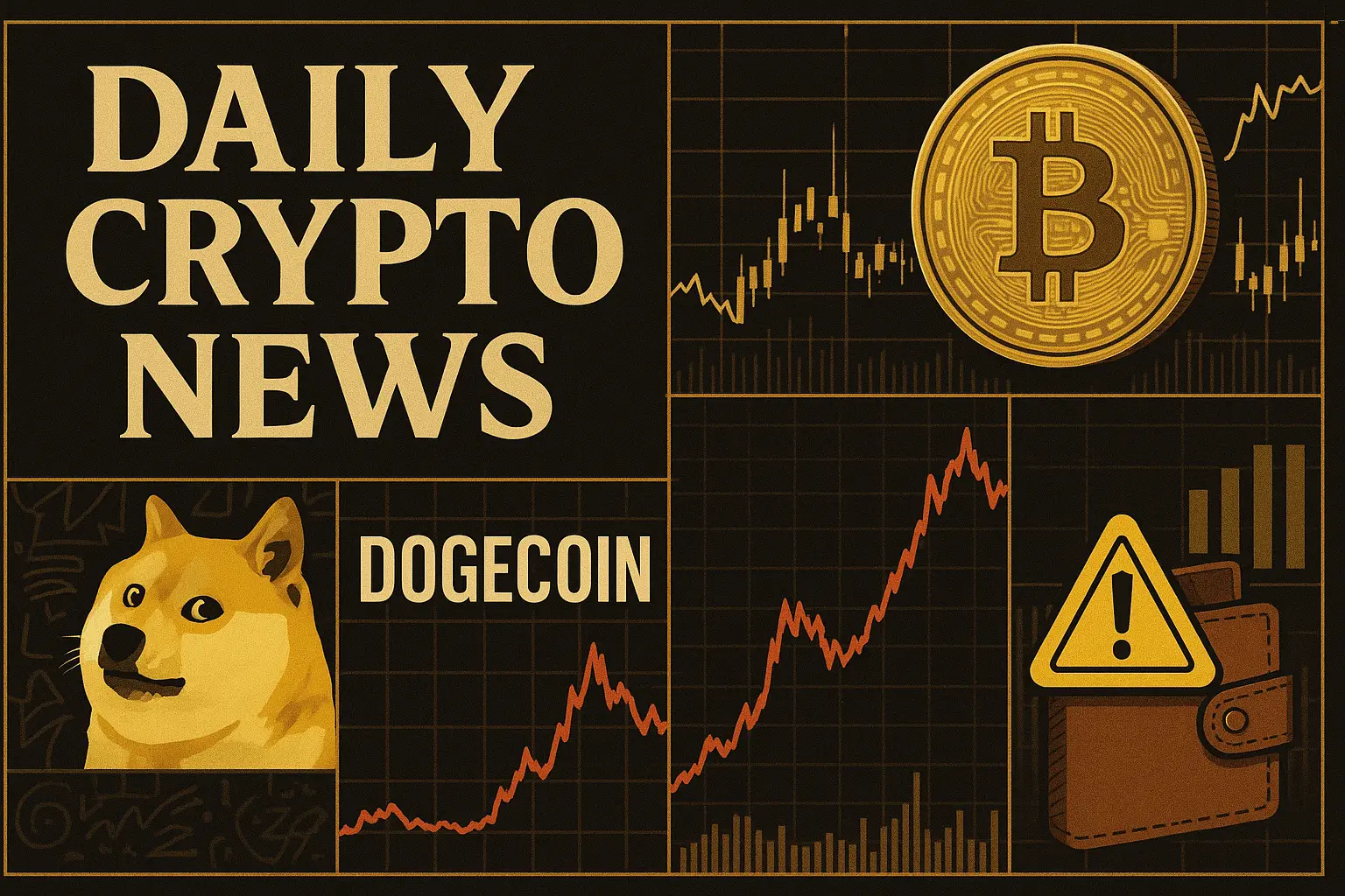 仮想通貨ニュースを象徴するビットコインとドージコインのグリッド風コラージュ画像