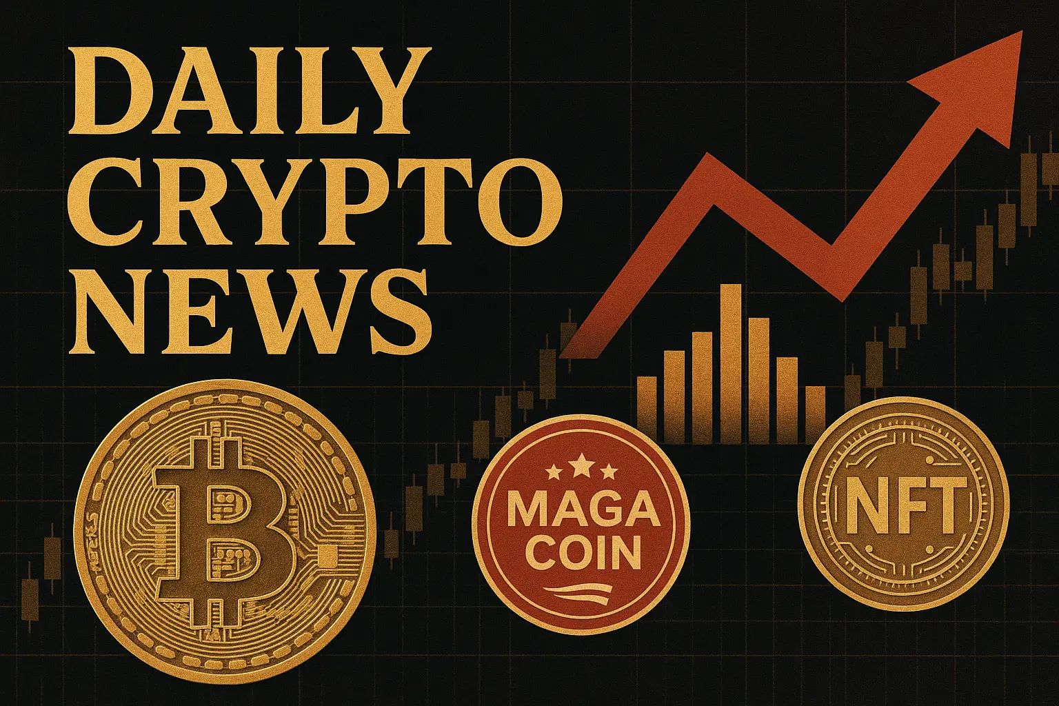 仮想通貨市場の注目銘柄を象徴するBTC・MAGACOIN・NFTのグラフィック