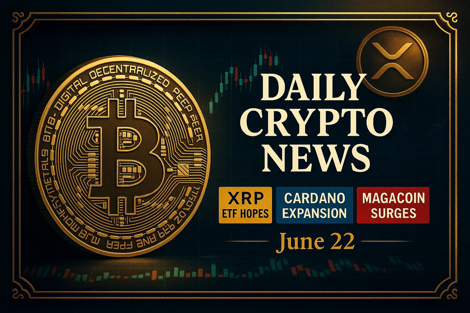 2025年6月22日の仮想通貨市場を象徴するビットコインと主要銘柄の動向を示す高級感あるニュース画像