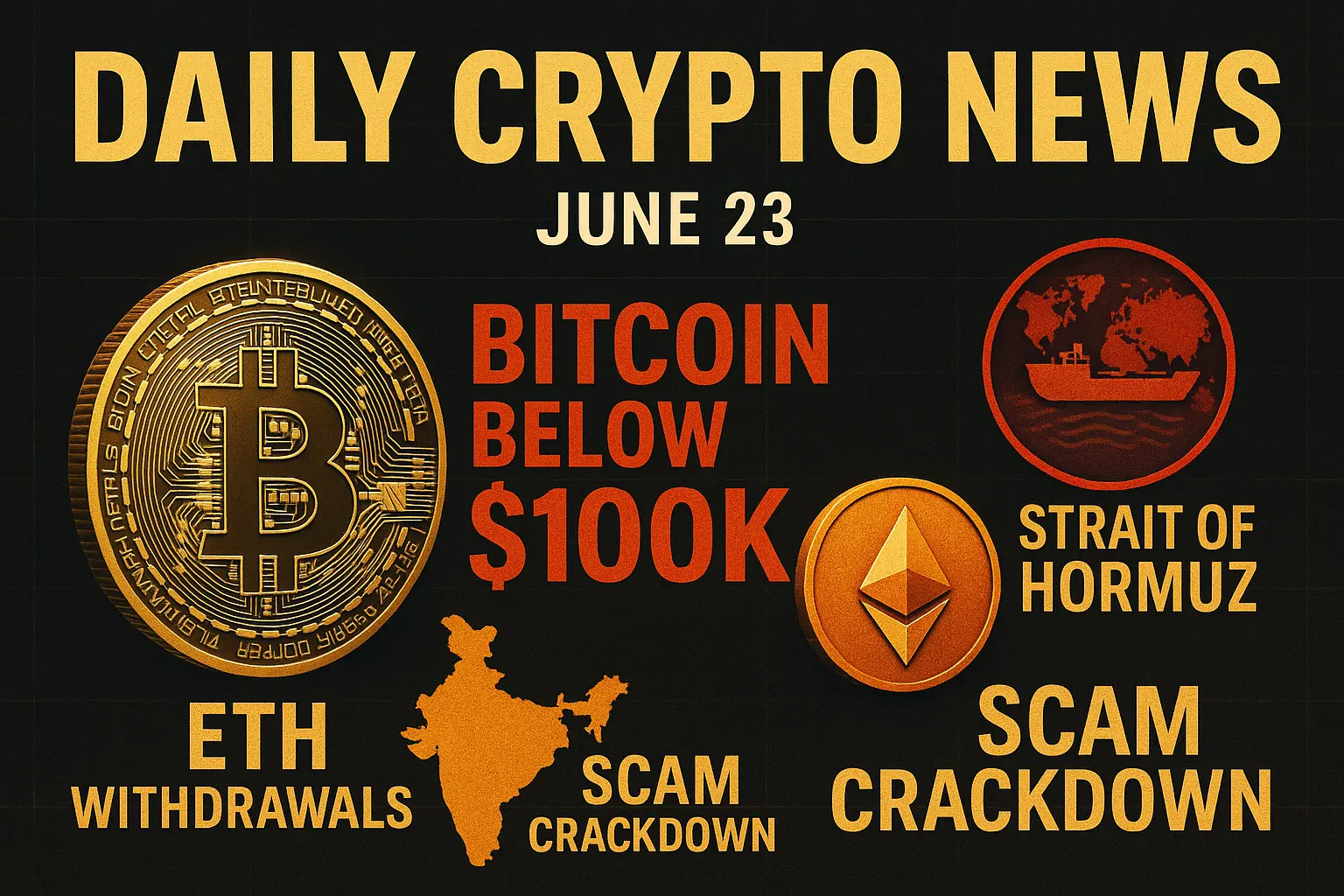 仮想通貨ニュースの要素を視覚化した、ビットコイン下落とホルムズ海峡リスクを象徴する画像