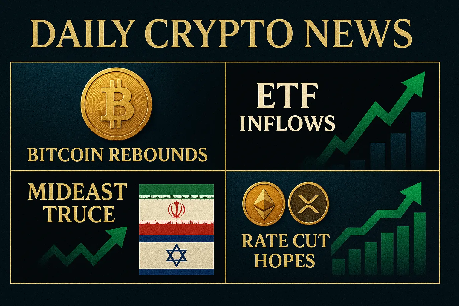 仮想通貨市場の主要トピックを示すグリッド形式のビジュアル。ビットコイン反発、ETF資金流入、中東停戦、利下げ観測を表現。
