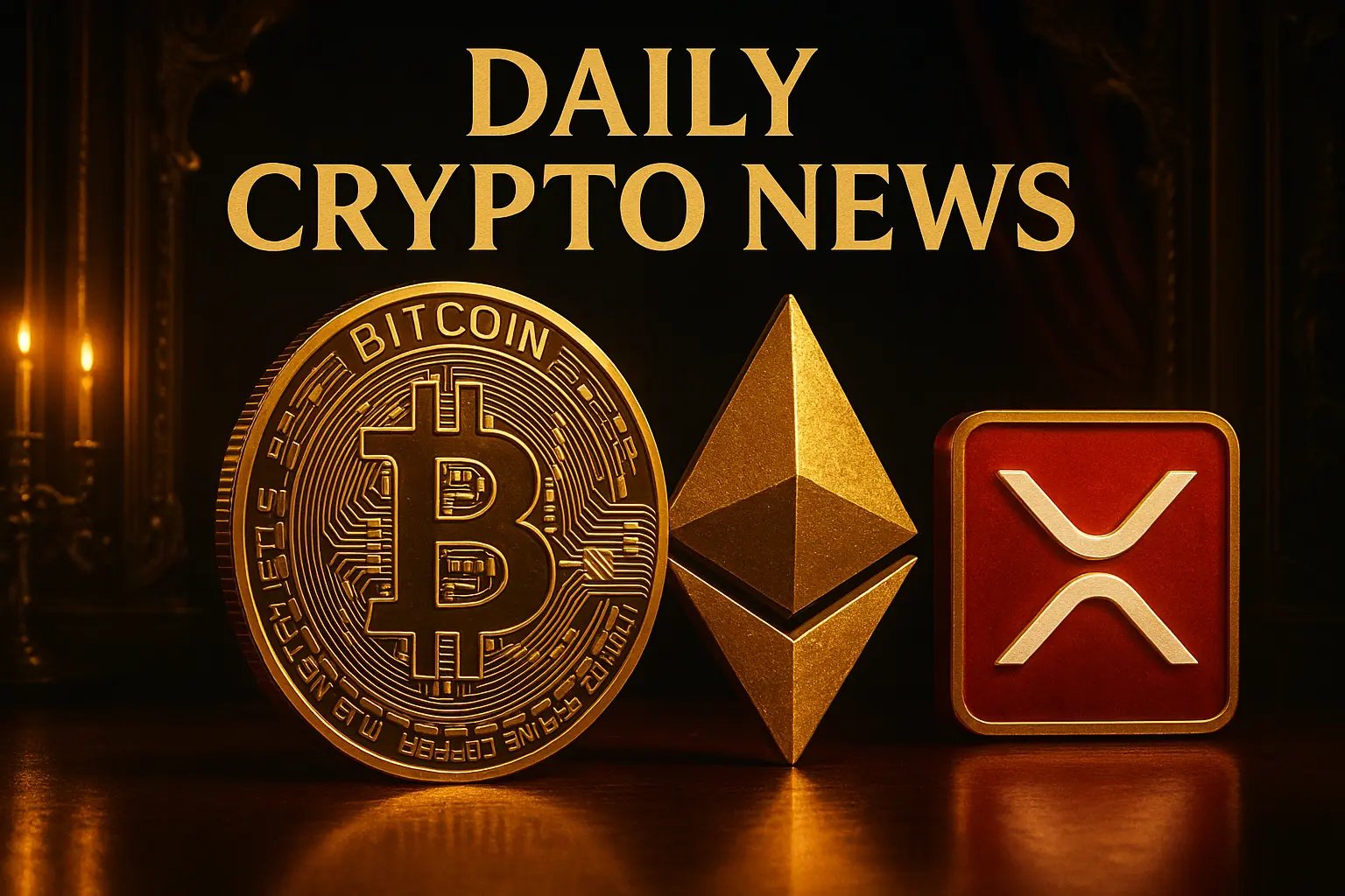 ビットコイン・イーサリアム・XRPを象徴する重厚な仮想通貨ニュース画像