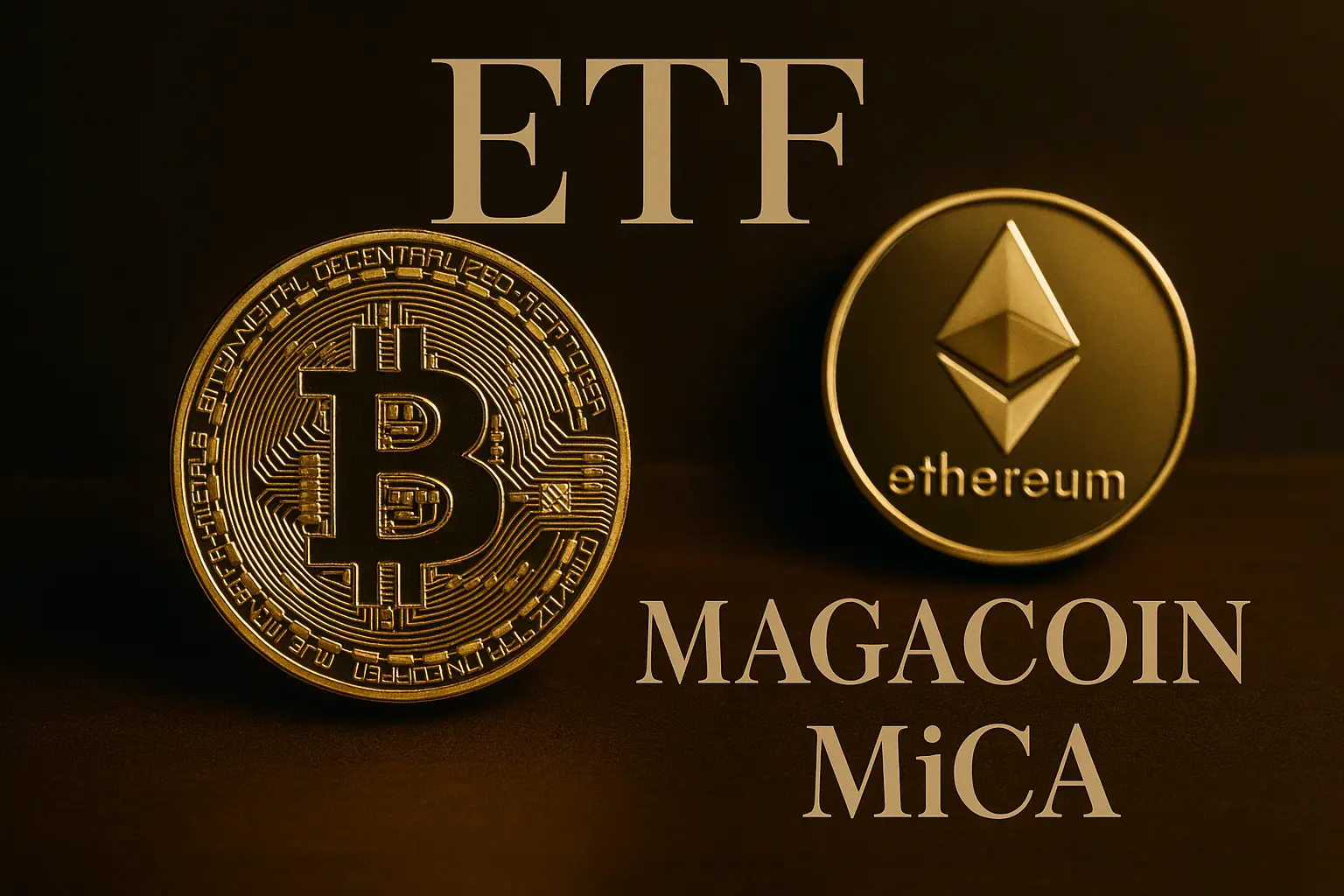 ビットコインとイーサリアムの高級感あるコインビジュアルに、ETF・MAGACOIN・MiCAの文字を添えた横長の雑誌風画像