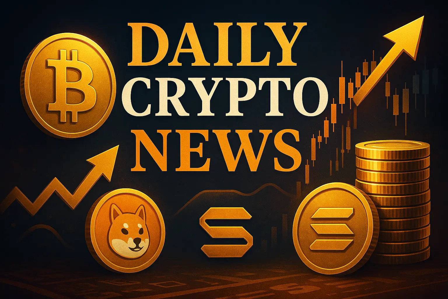 仮想通貨市場のニュースを象徴するビットコイン・ドージコイン・ソラナのアイコンと上昇チャート