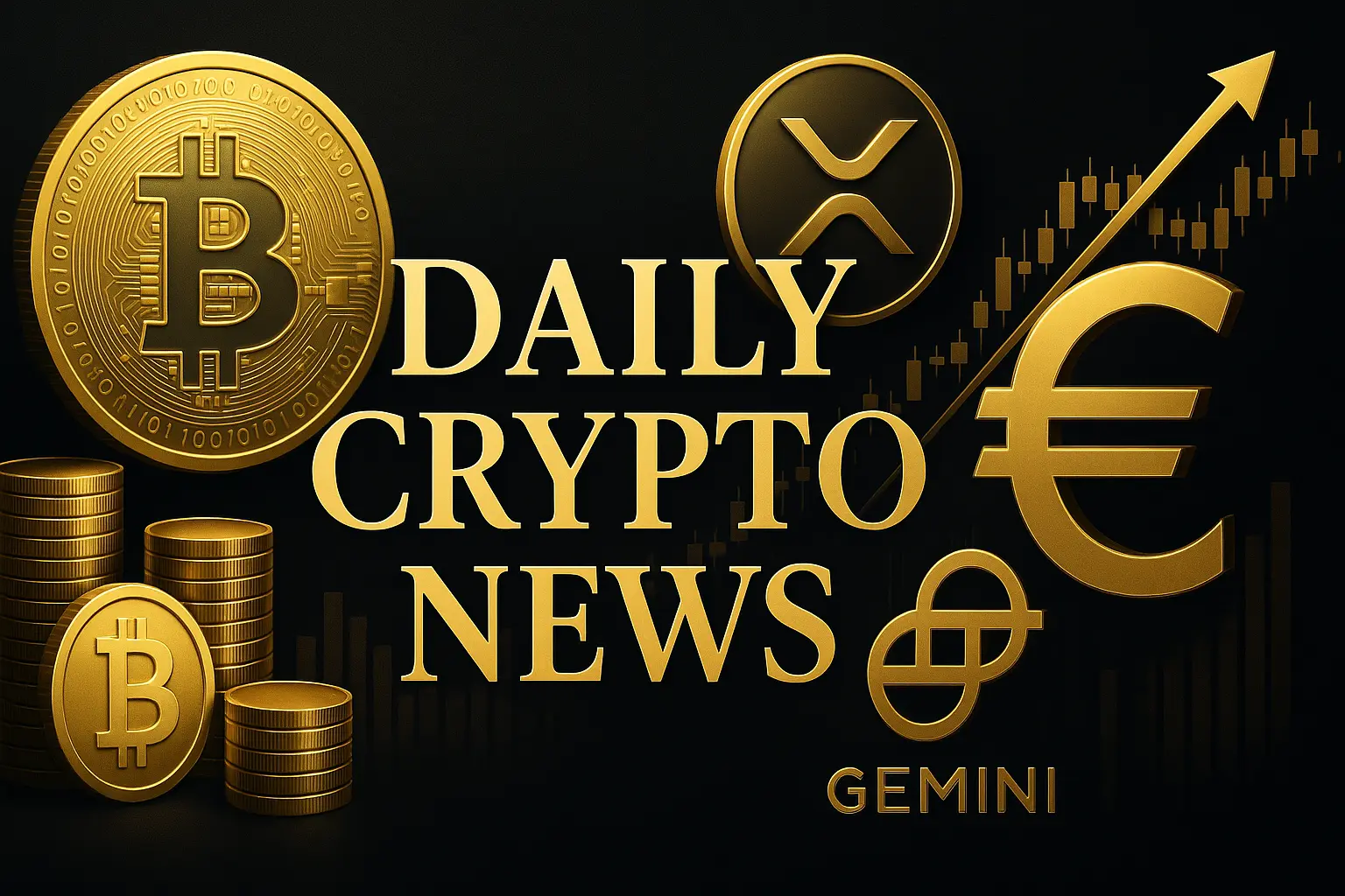 高級感のある仮想通貨ニュースのグラフィック。ビットコイン、XRP、ユーロ、Geminiなどの象徴が金色で描かれている。