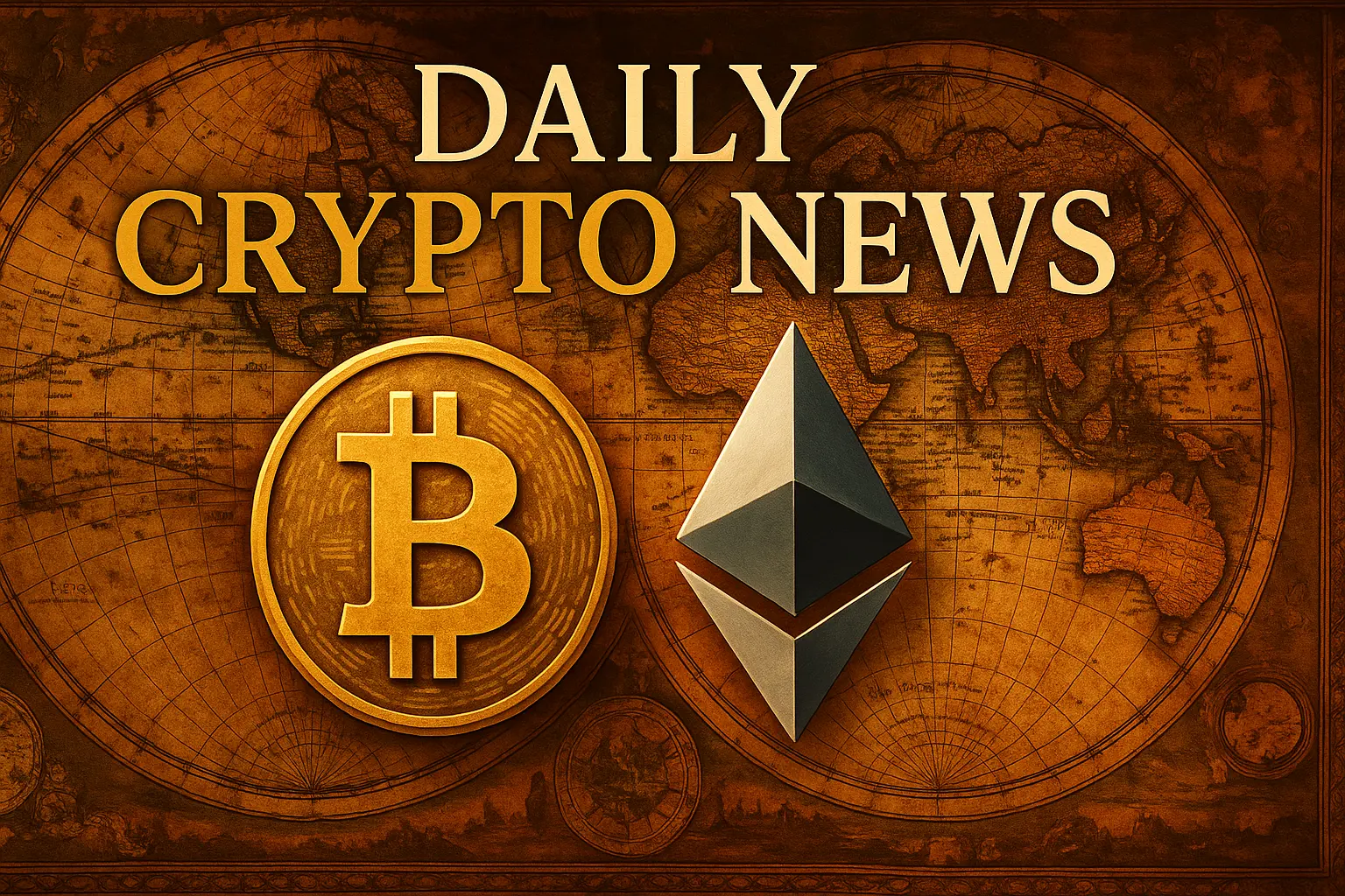 ビットコインとイーサリアムのロゴが古地図上に重なる、重厚感ある仮想通貨ニュースのビジュアル