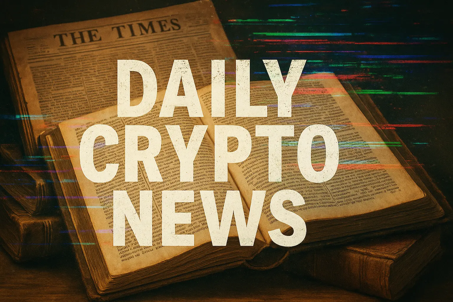 新聞と古本を背景にしたデジタルグリッチ風のクリプトニュースイメージ