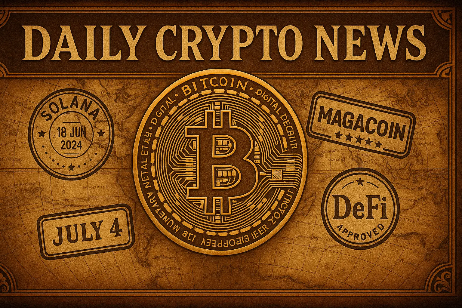 ビットコインとSolana、MAGACOIN、DeFiを象徴するスタンプと古地図を組み合わせた重厚な仮想通貨ニュースのビジュアル