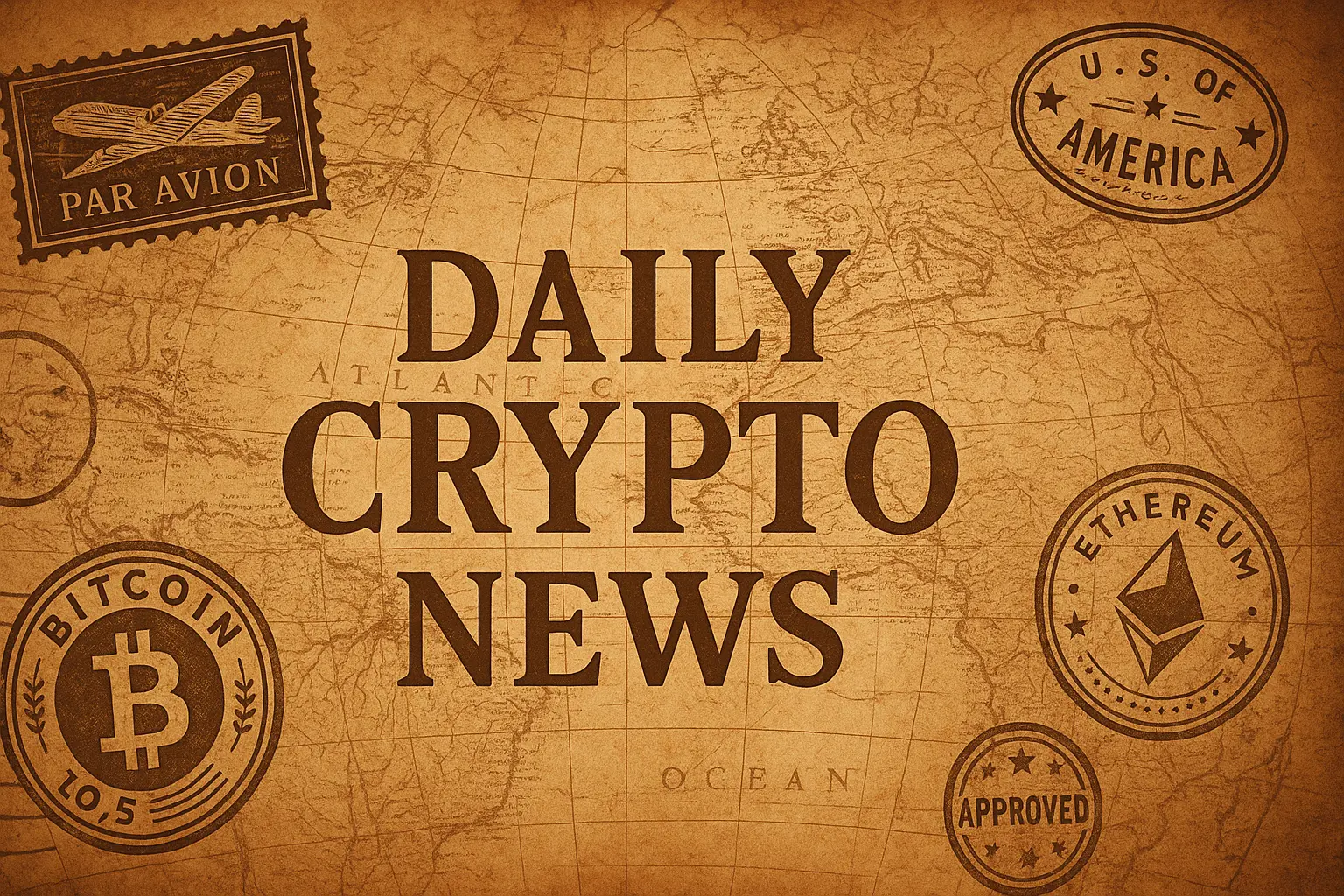古地図に刻まれたビットコインとイーサリアムのスタンプが印象的な、荘厳な仮想通貨ニュースのイメージ