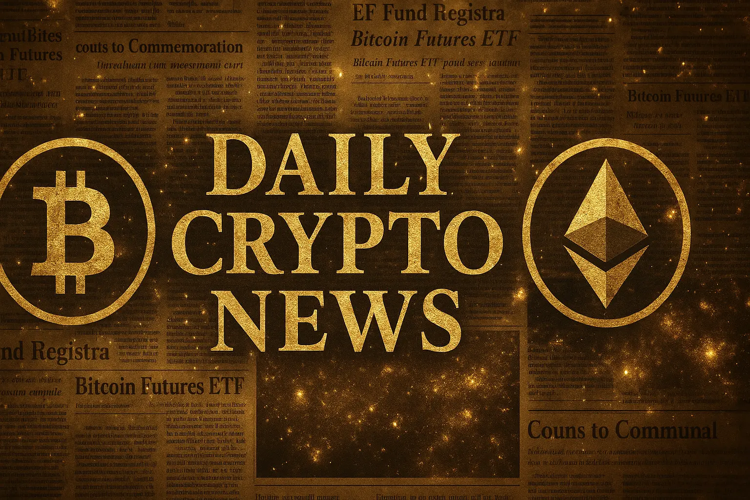 英字新聞と金箔テクスチャを組み合わせた仮想通貨ニュースのビジュアル
