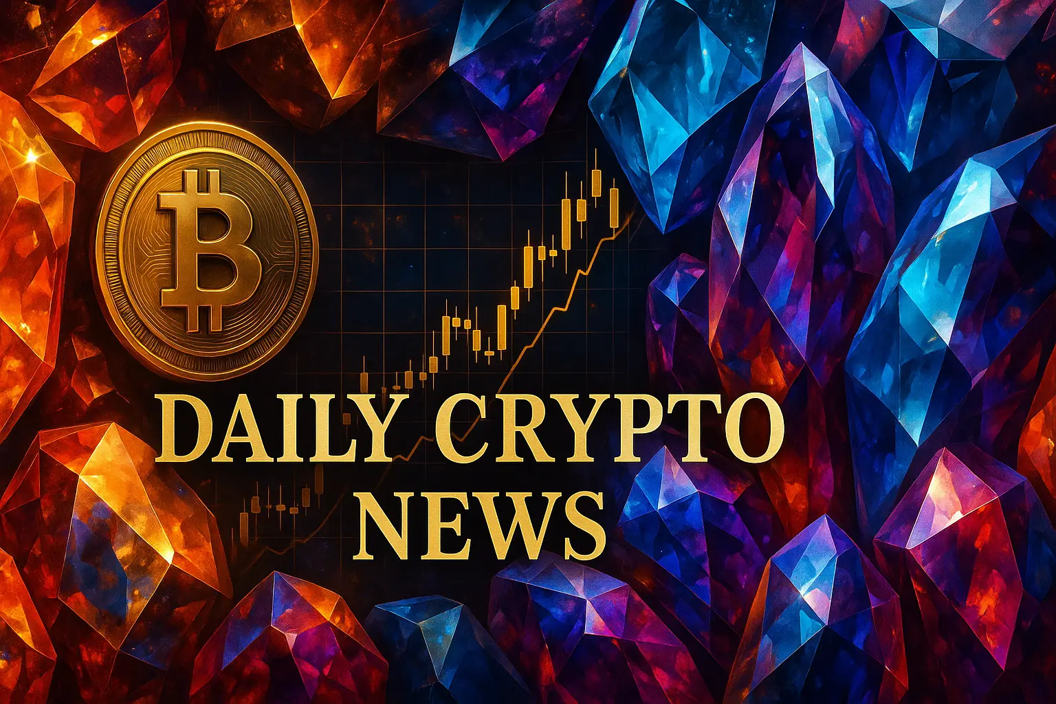 宝石や仮想通貨チャートを背景にした仮想通貨ニュースのビジュアル