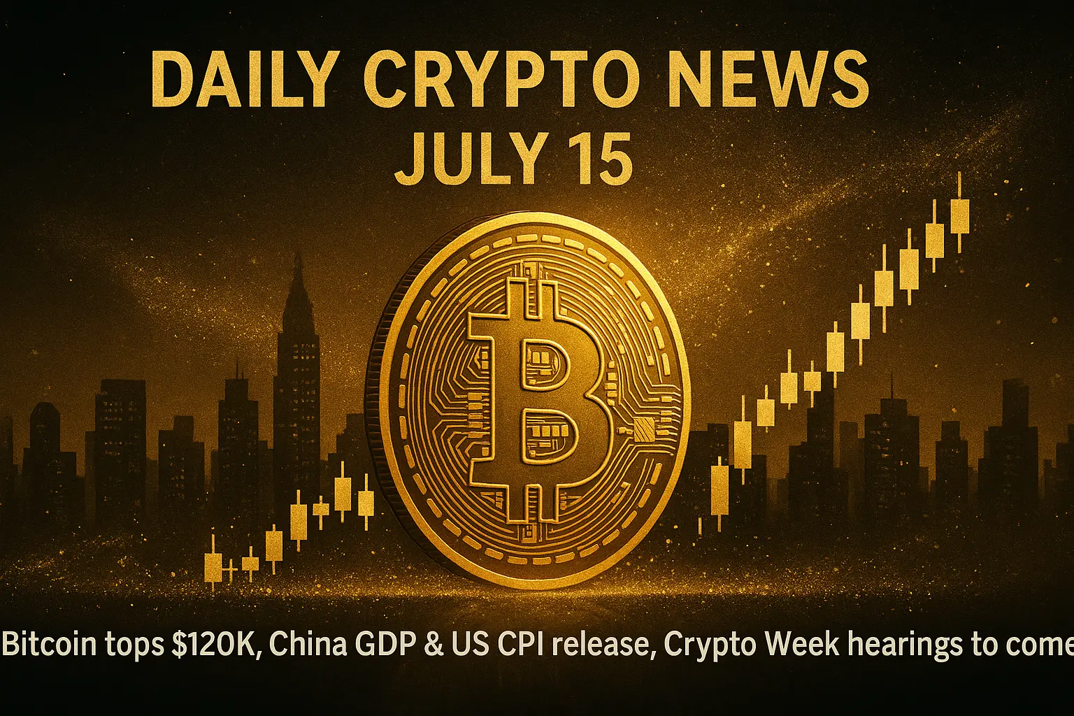 金色のビットコインを中心に、都市の夜景とローソク足チャートが描かれた仮想通貨市場のイメージ