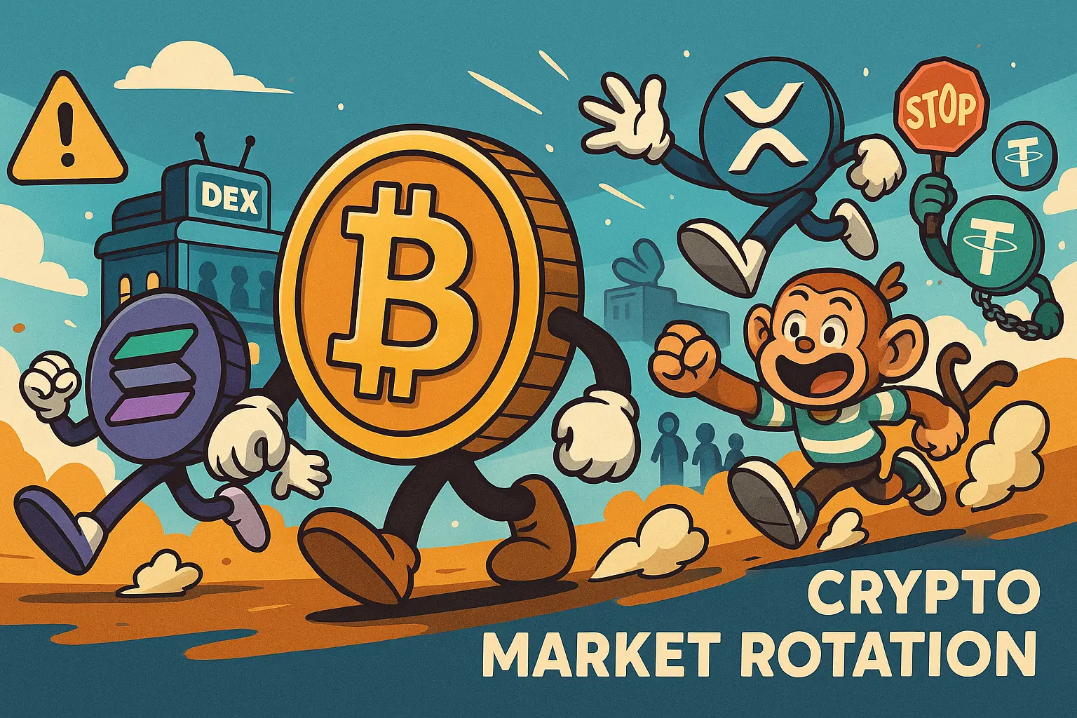 ビットコインやSolana、XRP、NFTなど主要仮想通貨キャラクターが市場を駆け抜ける様子。分散型取引所やテザー規制も象徴的に描かれ、市場の資金循環と今日の注目テーマを直感的に表現。