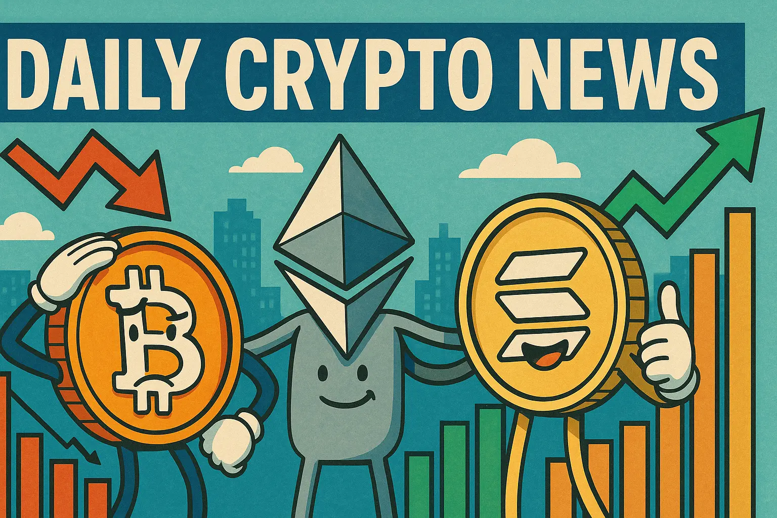 ビットコイン・イーサリアム・ソラナのキャラクターが並ぶ、仮想通貨ニュースの象徴的イラスト