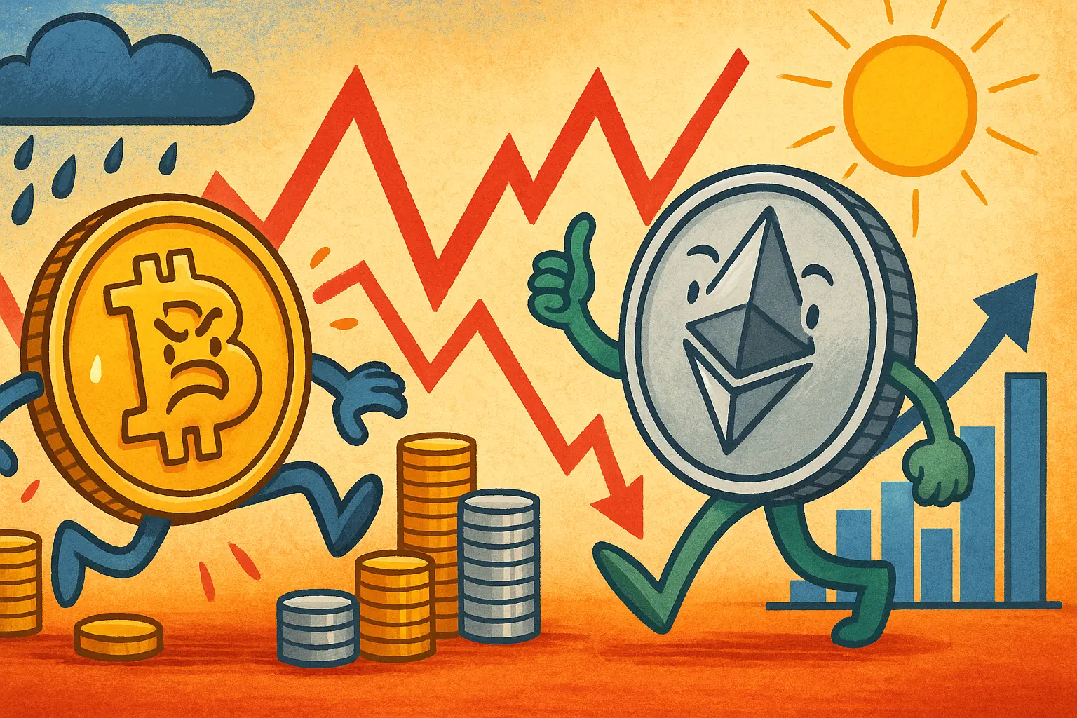 仮想通貨市場で上昇するイーサリアムと下落するビットコインの擬人化イラスト