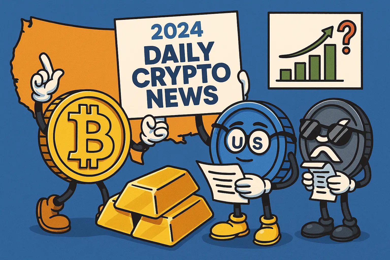 ビットコインやステーブルコインがニュース記事を読む擬人化イラスト