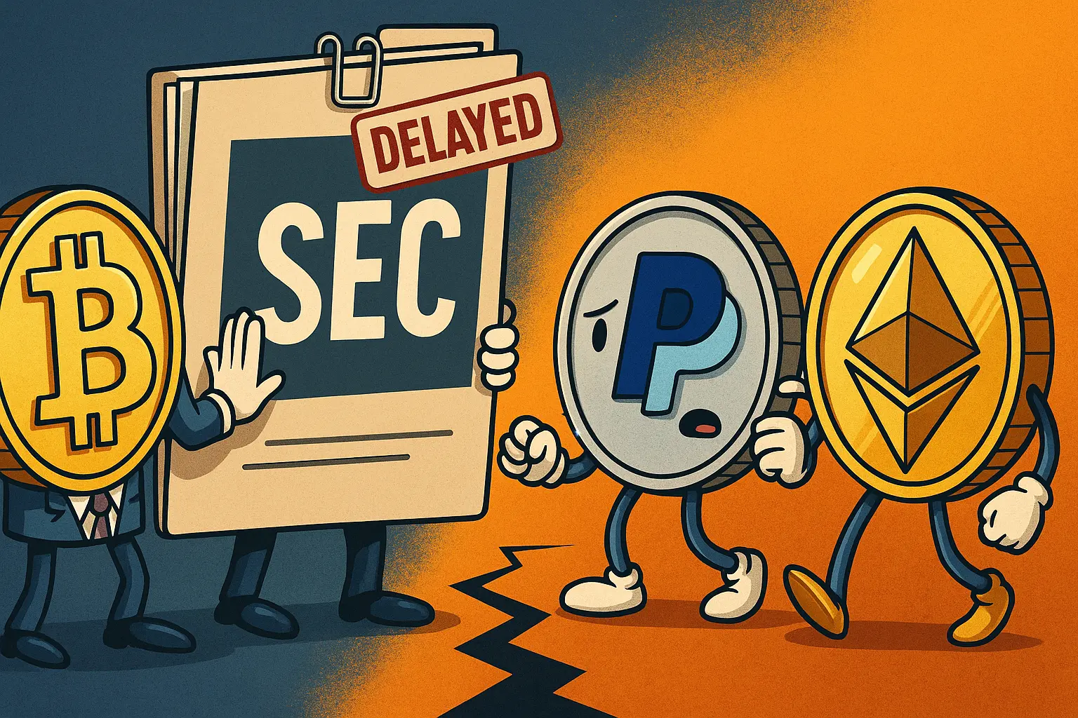 ビットコイン、PayPal、イーサリアムがSECの規制文書を前に立ち止まる風刺的イラスト
