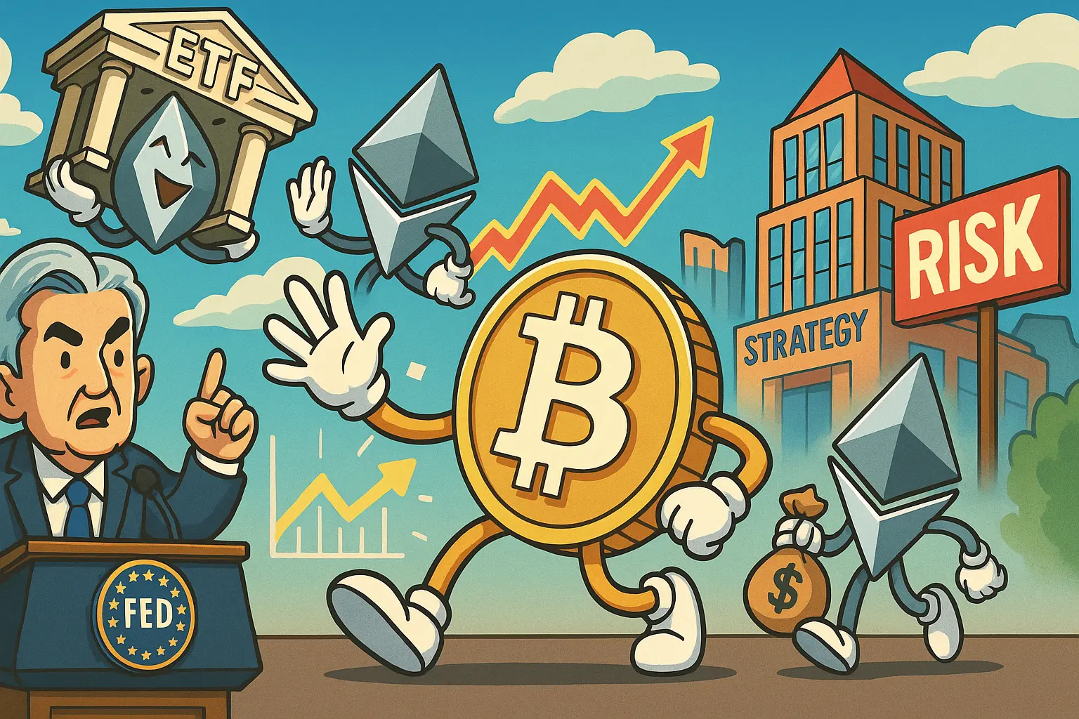 インカインドETF承認やFOMCを風刺的に描いた仮想通貨キャラクターイラスト