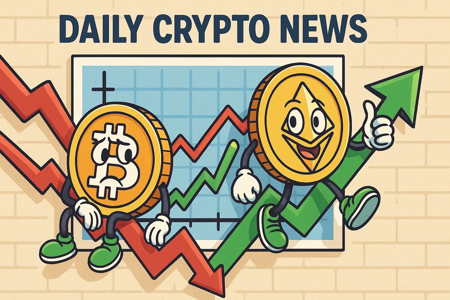ビットコインとイーサリアムが擬人化されたイラストで、仮想通貨市場の上昇・下落を表現