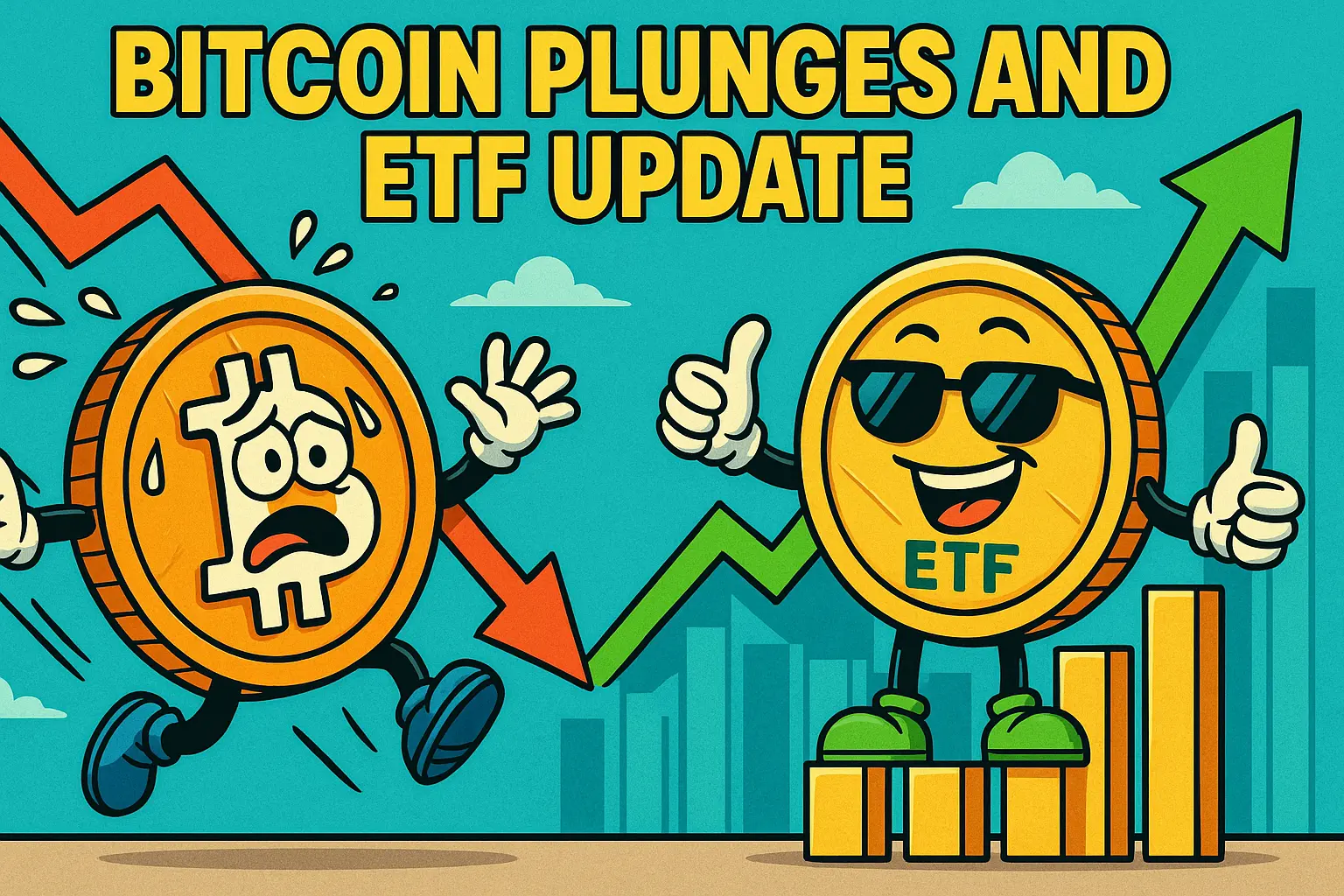 ビットコイン急落とETF関連ニュースを風刺した擬人化コインのイラスト