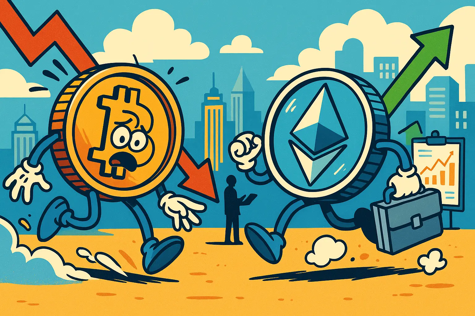 擬人化されたビットコインとイーサリアムが市場の下落と上昇を象徴するイラスト