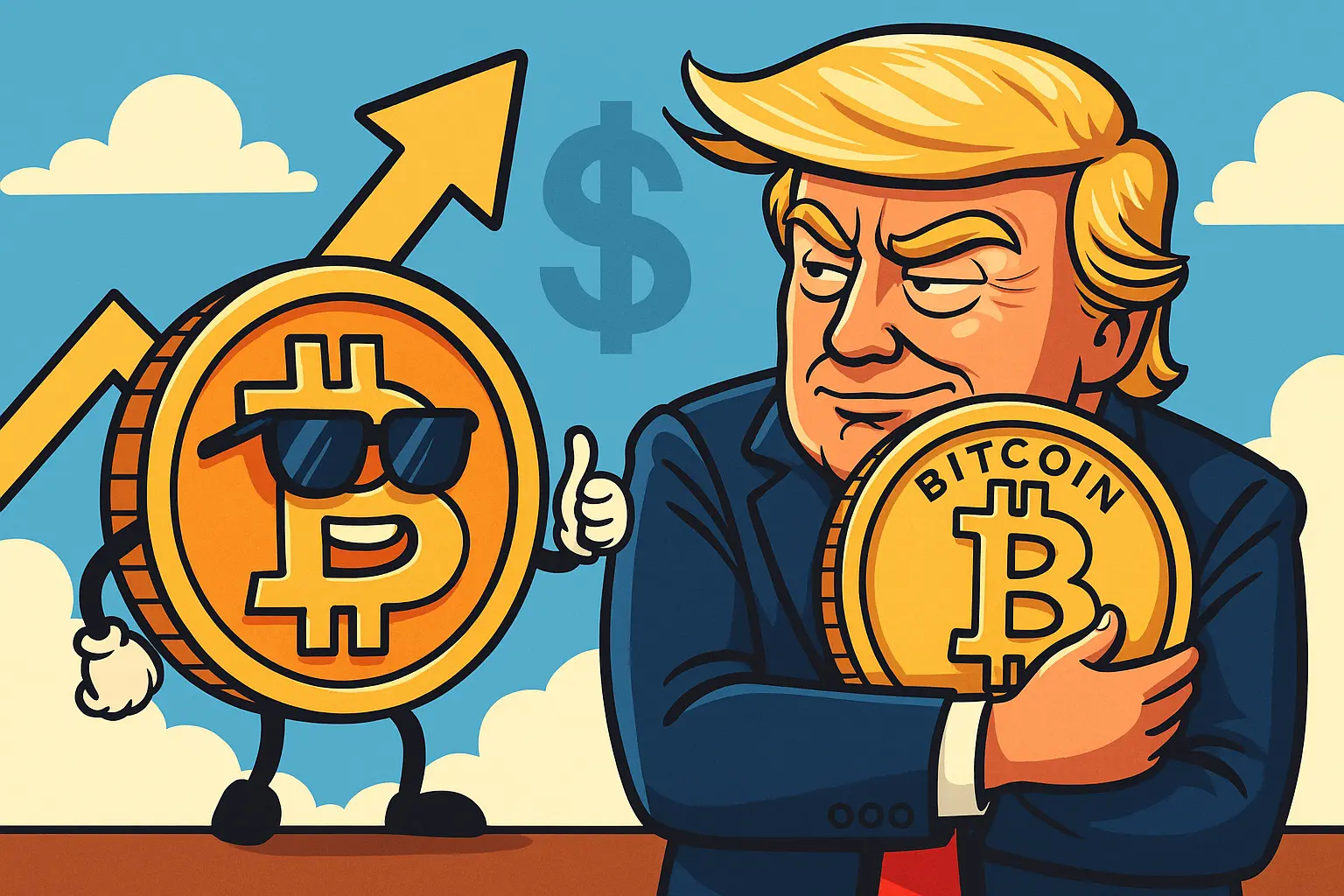 ビットコインを抱えるトランプと陽気なコインキャラクターが登場する風刺イラスト