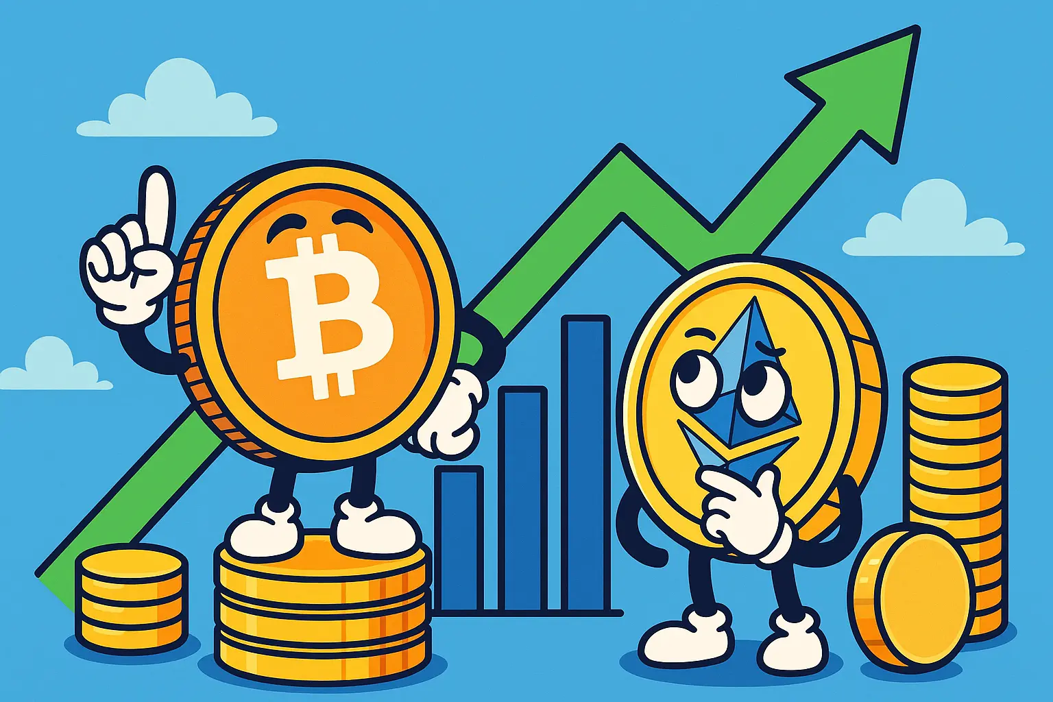 ビットコインとイーサリアムが上昇トレンドを象徴するグラフと共に描かれた、明るくポジティブなイラスト