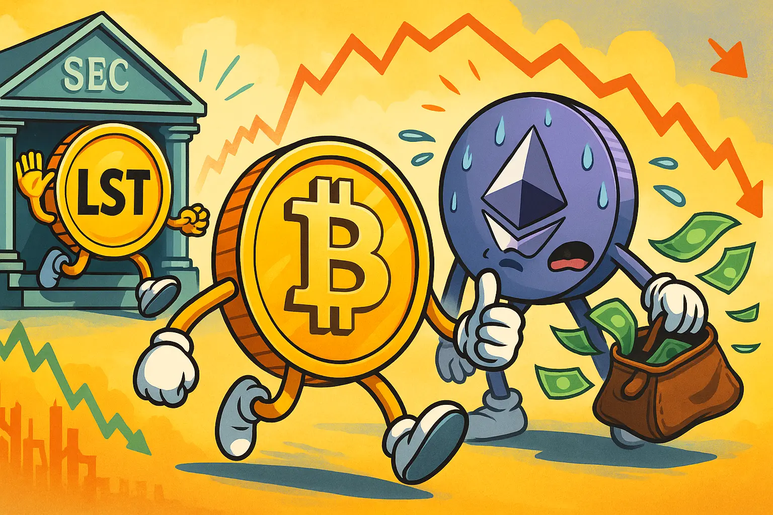 ビットコイン・イーサリアム・LSTのコインが擬人化された風刺イラスト