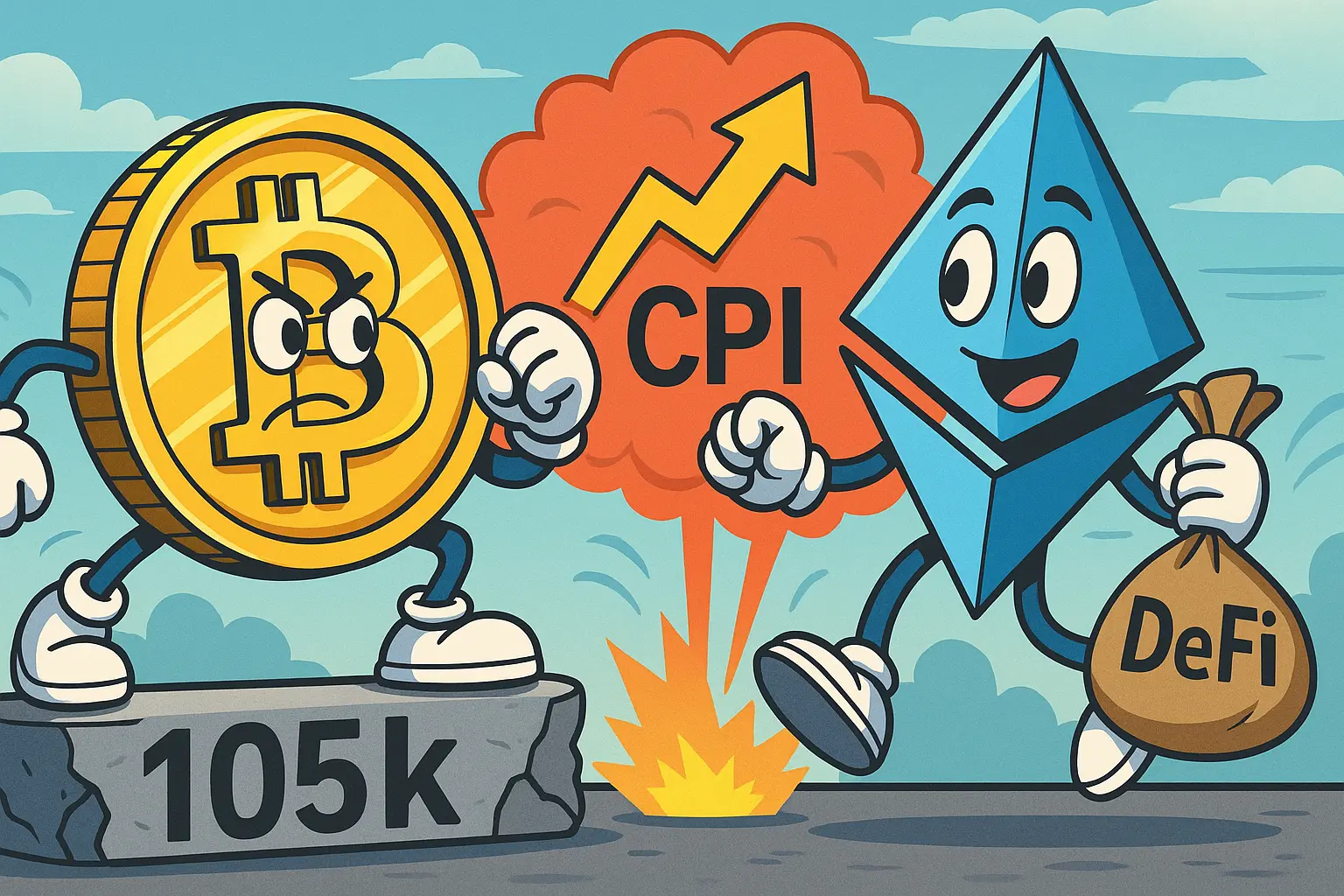 ビットコインとイーサリアムがCPI発表前の市場を風刺するイラスト