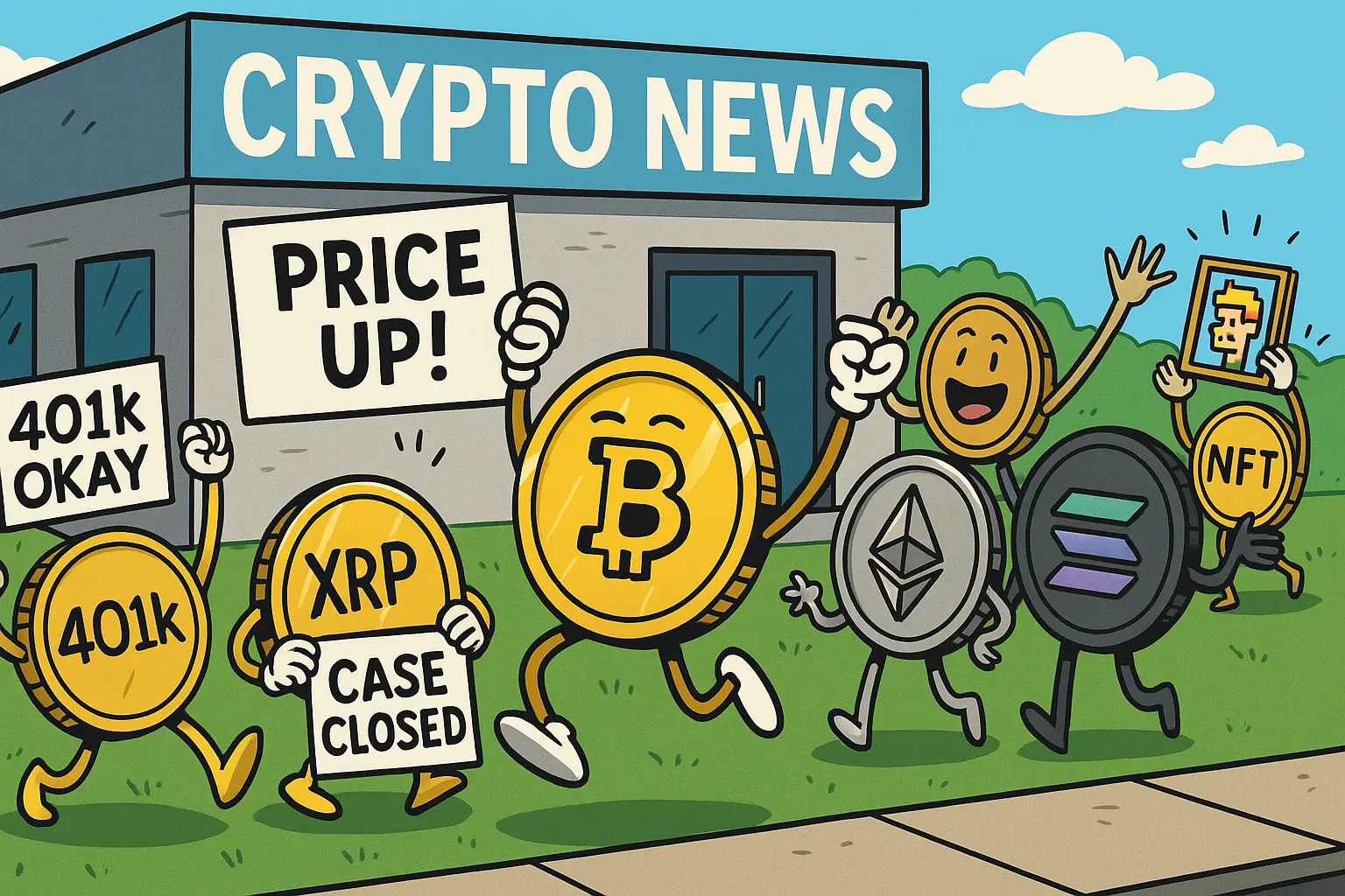 ビットコインやイーサリアムなど主要仮想通貨が擬人化され、明るくニュースを祝う風刺的イラスト