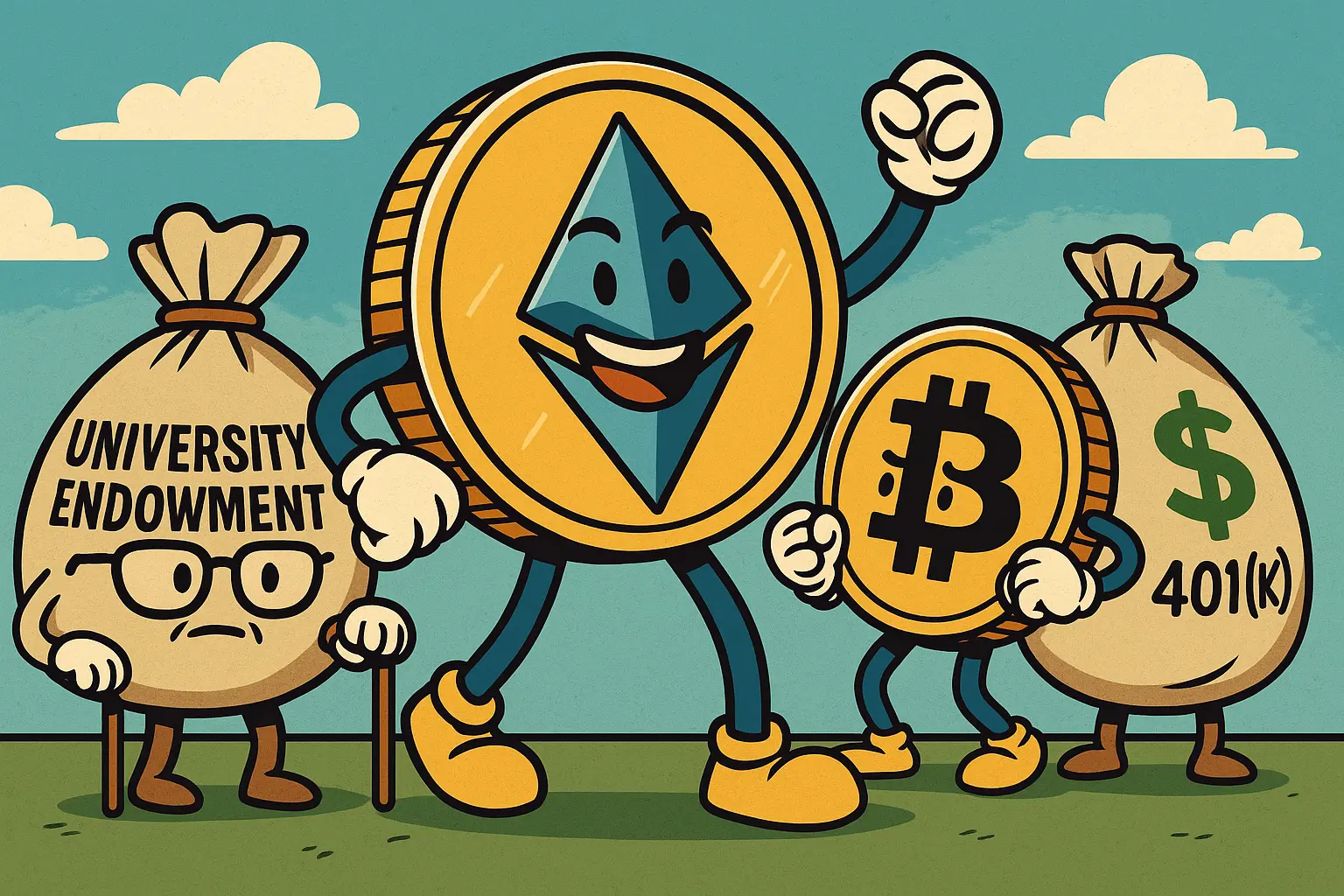 イーサリアムとビットコインが擬人化され、大学基金や401kを象徴する袋と並ぶ風刺イラスト