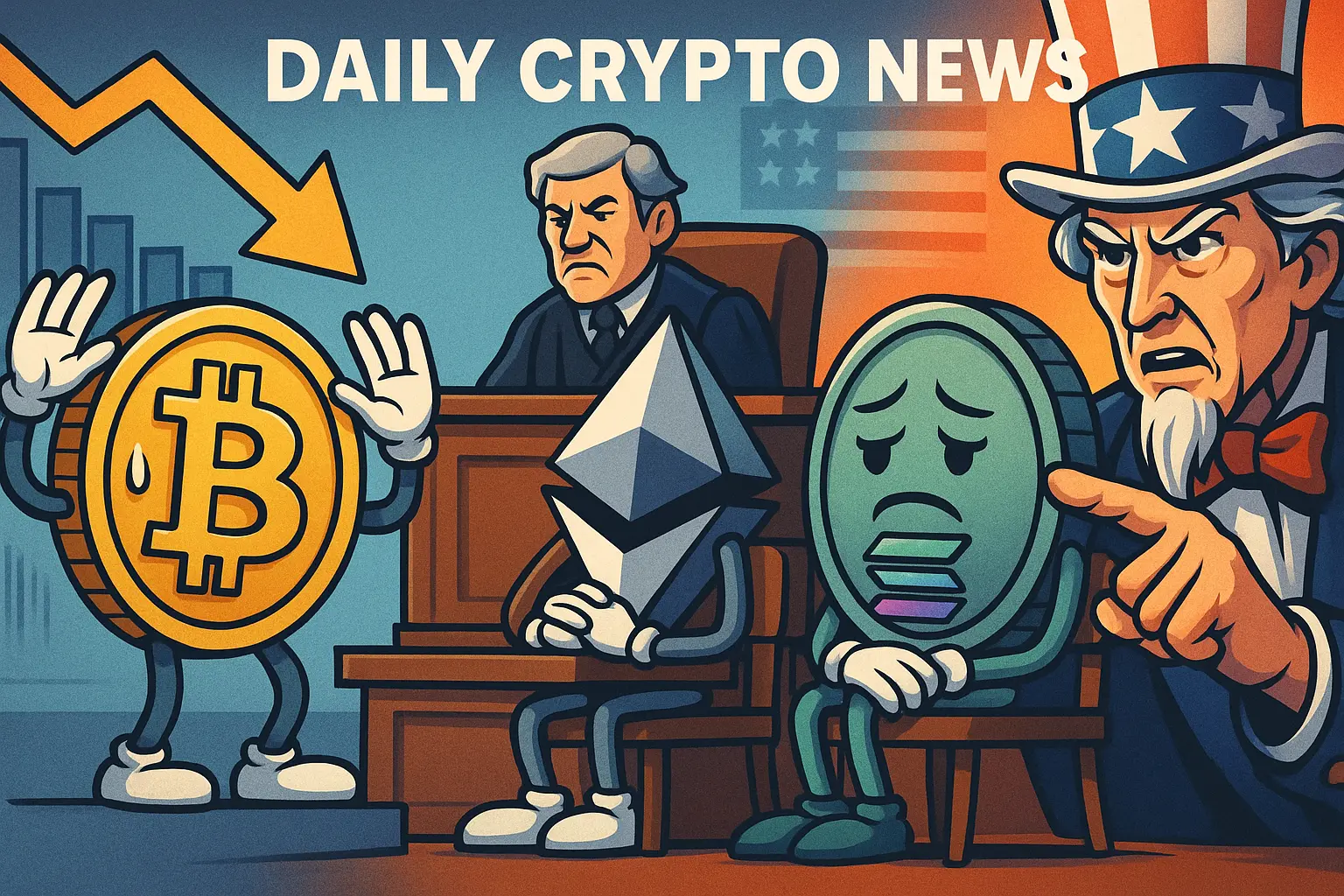 ビットコインやイーサリアム、ソラナが擬人化され、米規制当局を象徴するキャラクターと対峙する風刺イラスト。