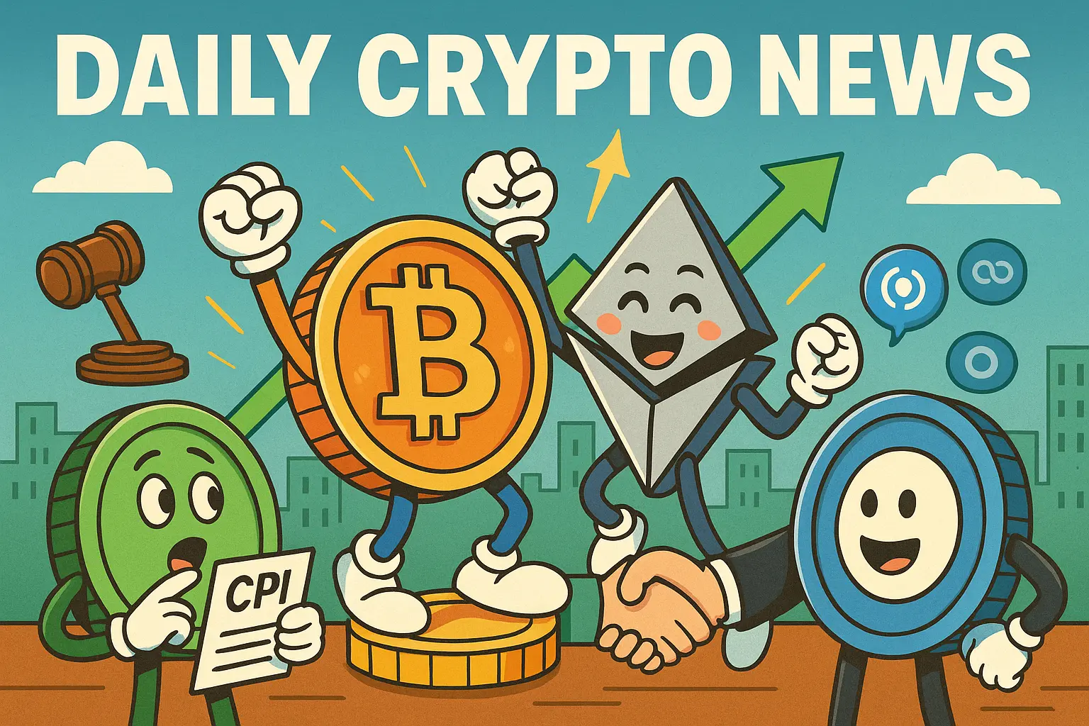 仮想通貨ビットコインやイーサリアム、USDCを擬人化したキャラクターがニュースを象徴するアイテムと共に描かれた明るいイラスト