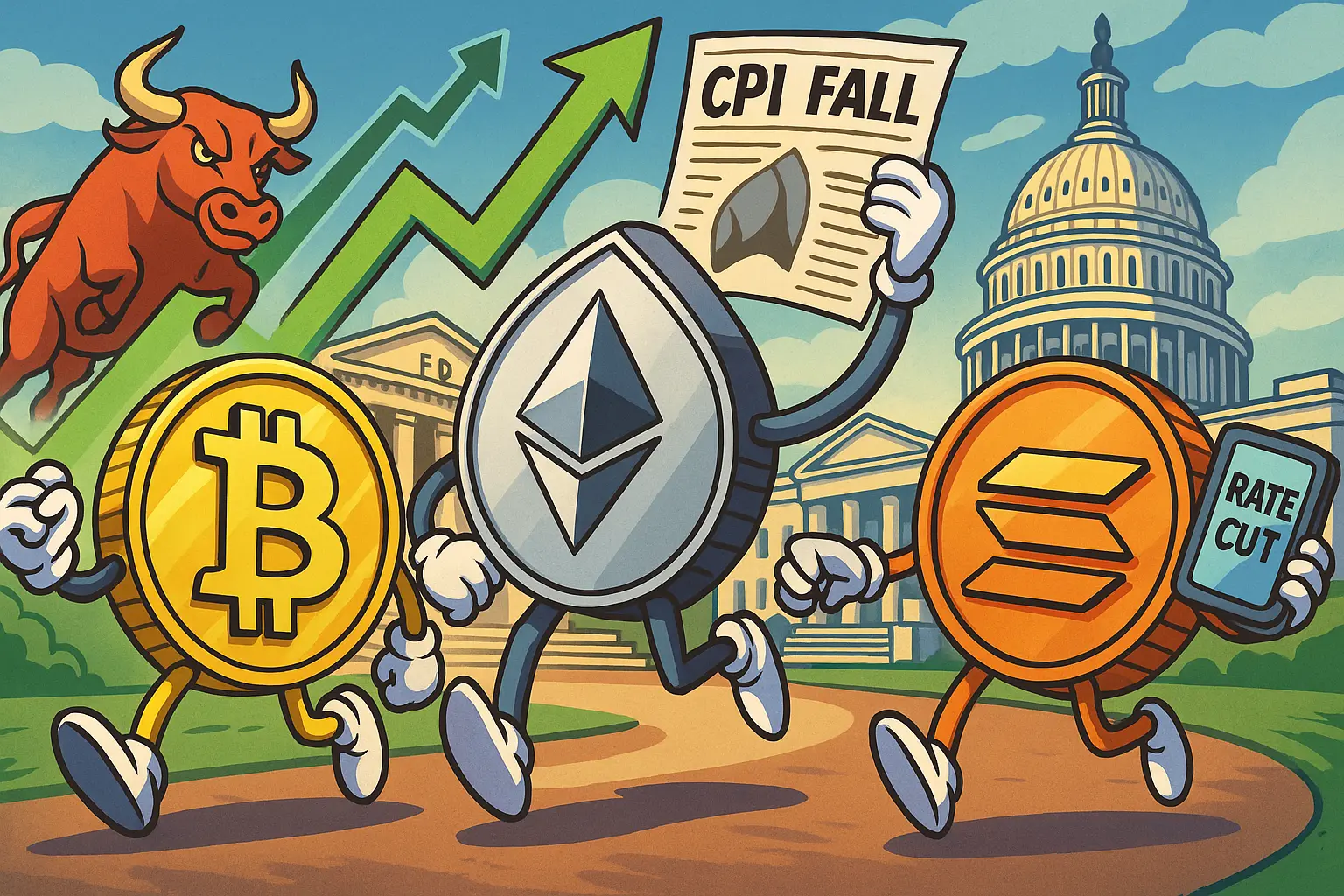 仮想通貨市場の高騰を象徴するビットコイン、イーサリアム、ソラナの擬人化キャラクターと米金融政策を示す背景イラスト
