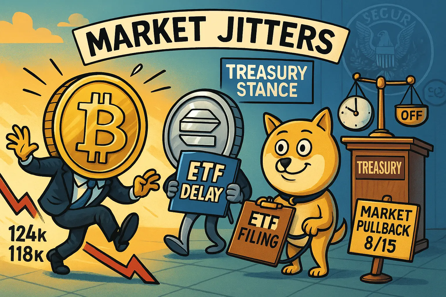 （BTC）擬人化キャラクターが「124k→118k」の下落ラインでつまずき、SOLは“ETF DELAY”ボード、DOGEは“ETF FILING”札を持つ。右奥に“TREASURY”演台と天秤、背景にSECの紋章。8/15の市場の揺らぎを明るく風刺。 ビットコイン急反落とSOL・DOGEのETF判断延期を風刺的に描いたアイキャッチ（8/15）