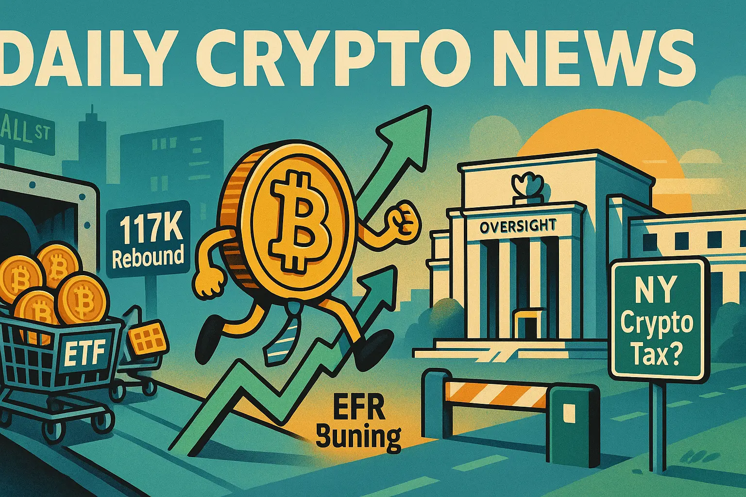 ビットコインの擬人化キャラクターが「117K反発」の矢印を駆け上がり、左ではETFカートがBTCを買い集め、右ではFRB監督のサンセットと「NY Crypto Tax?」の標識を配した風刺イラストです。