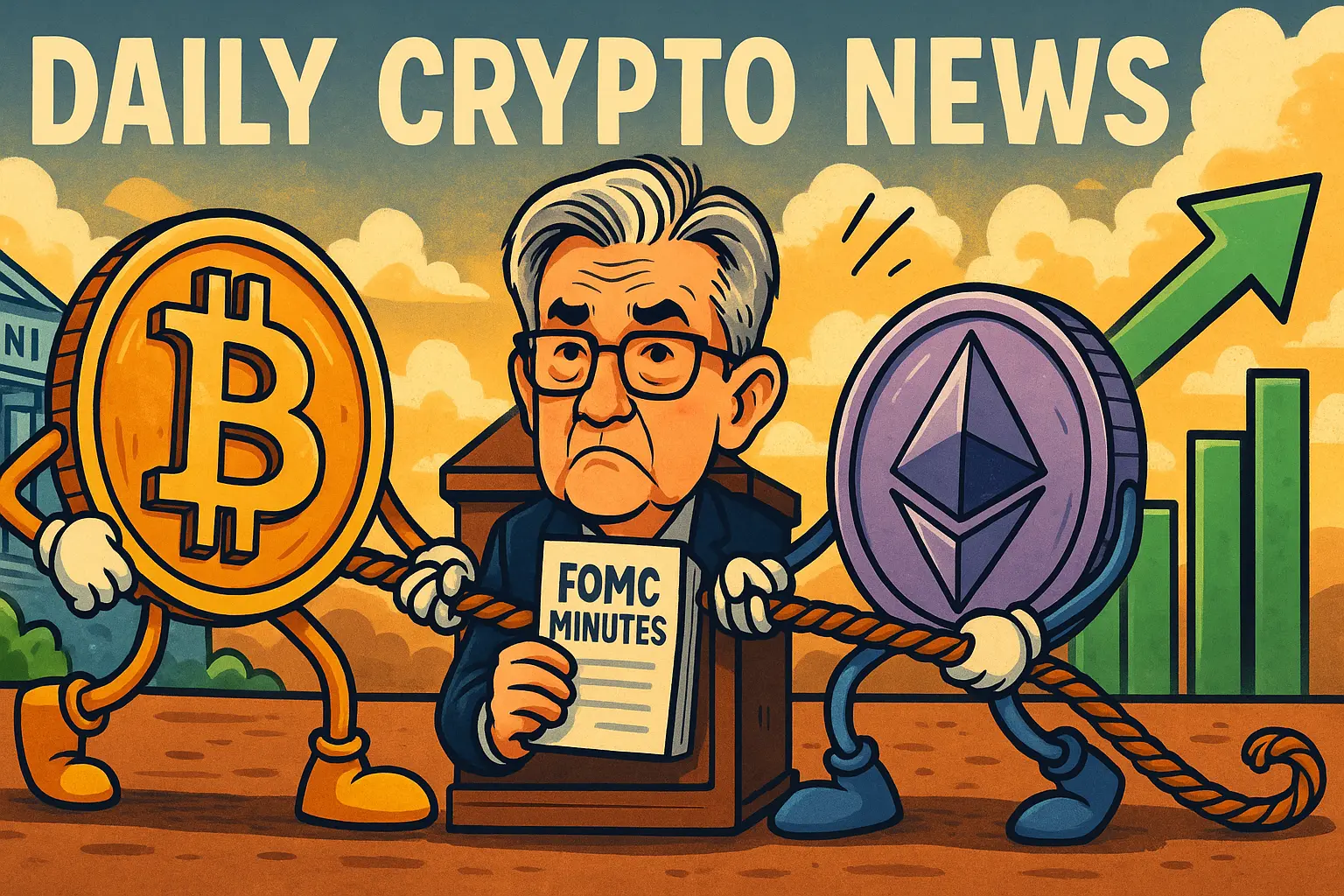 ビットコインとイーサリアムがFRB議事要旨を巡って綱引きをする風刺的なイラスト