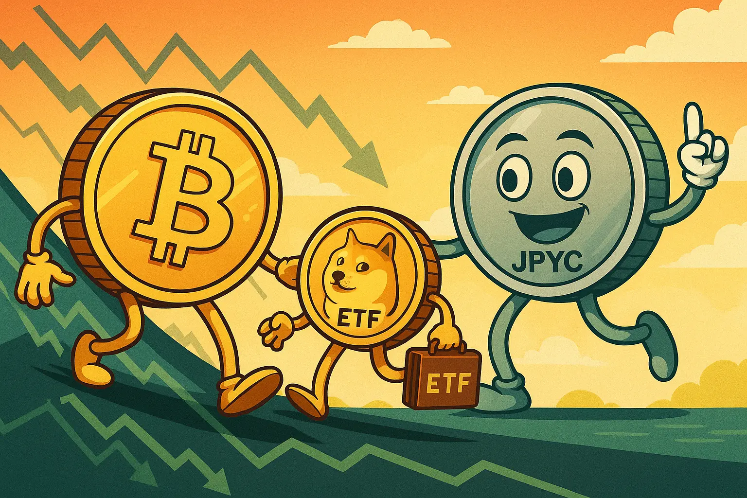 ビットコイン、ドージコインETF、JPYCを擬人化したイラスト。市場調整と資金流入、日本円建てステーブルコイン承認を象徴的に描写。