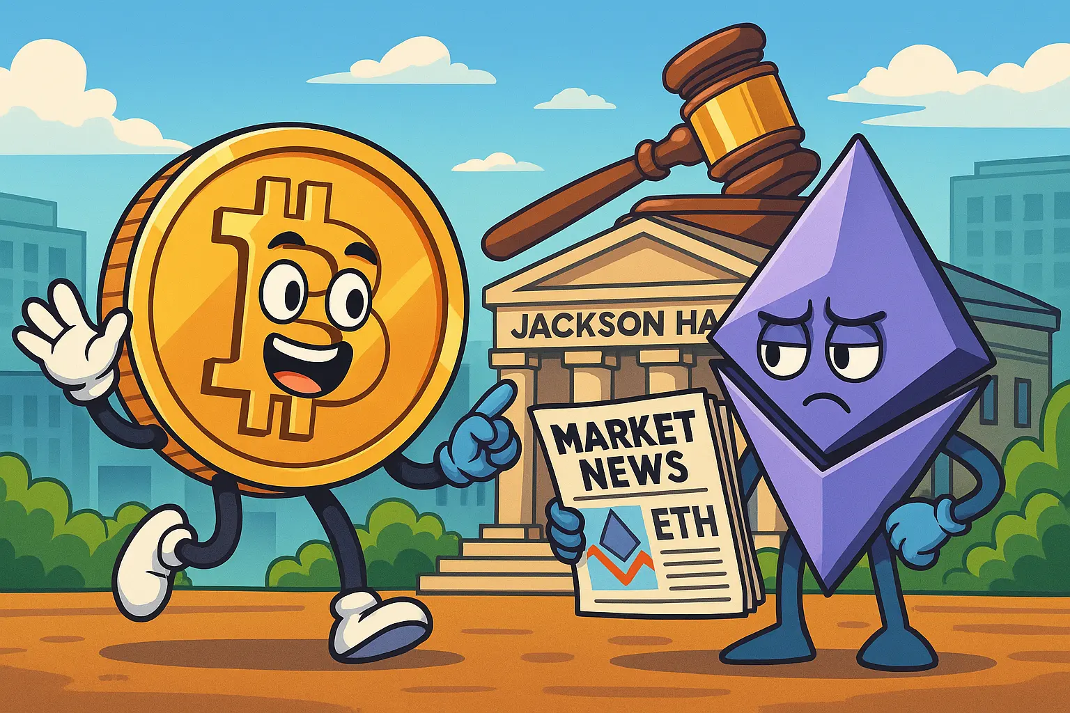 ビットコインとイーサリアムがジャクソンホール前で議論する風刺イラスト