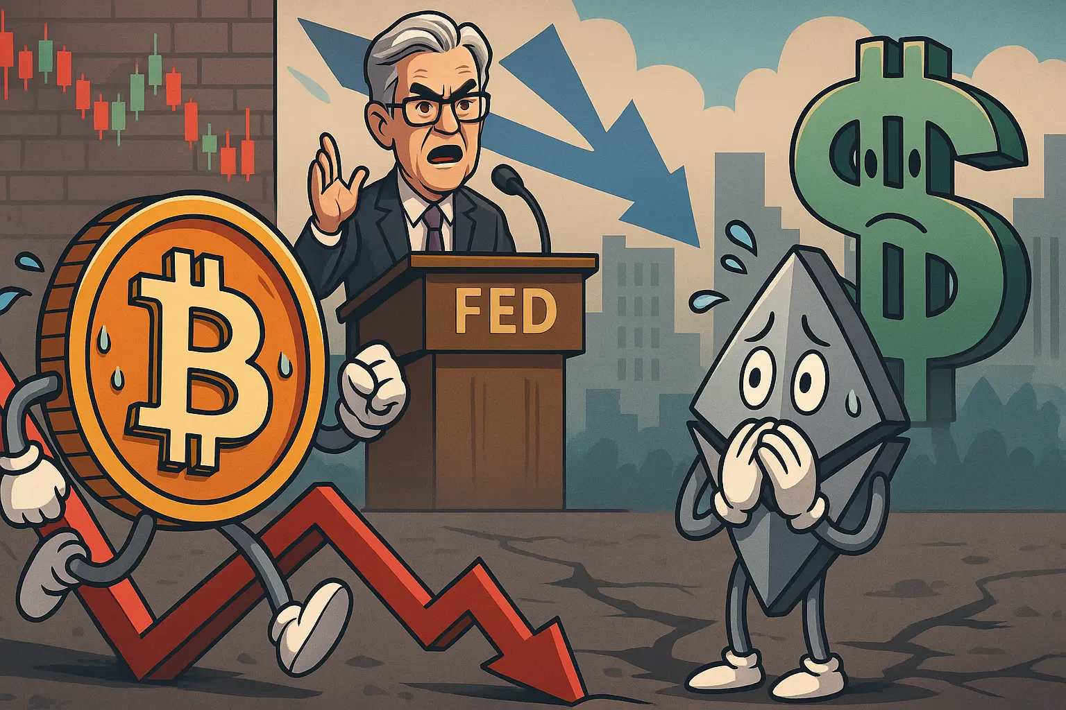 ビットコインとイーサリアムが下落に動揺する様子を風刺的に描いたイラスト