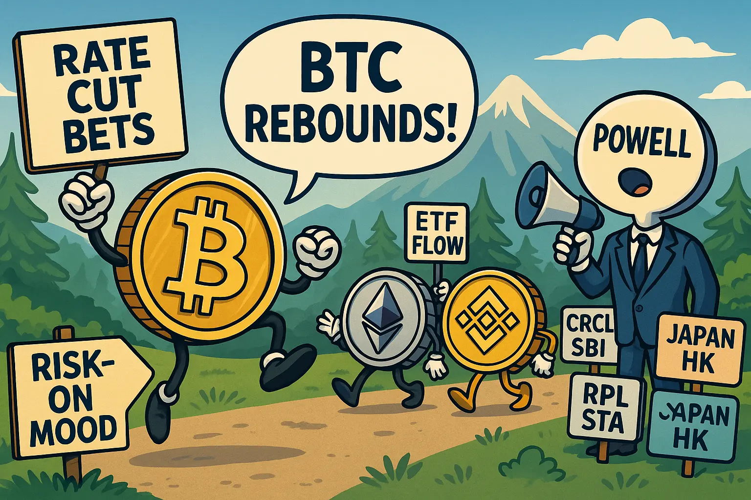 パウエル発言で利下げ観測が高まり、擬人化したビットコインが「BTC REBOUNDS!」と反発を表現。ETHとBNBが続き、看板に「ETF FLOW」「RISK-ON MOOD」。背景に山並みと青空、日本・香港やSBI・Circle・Rippleの示唆を掲示。