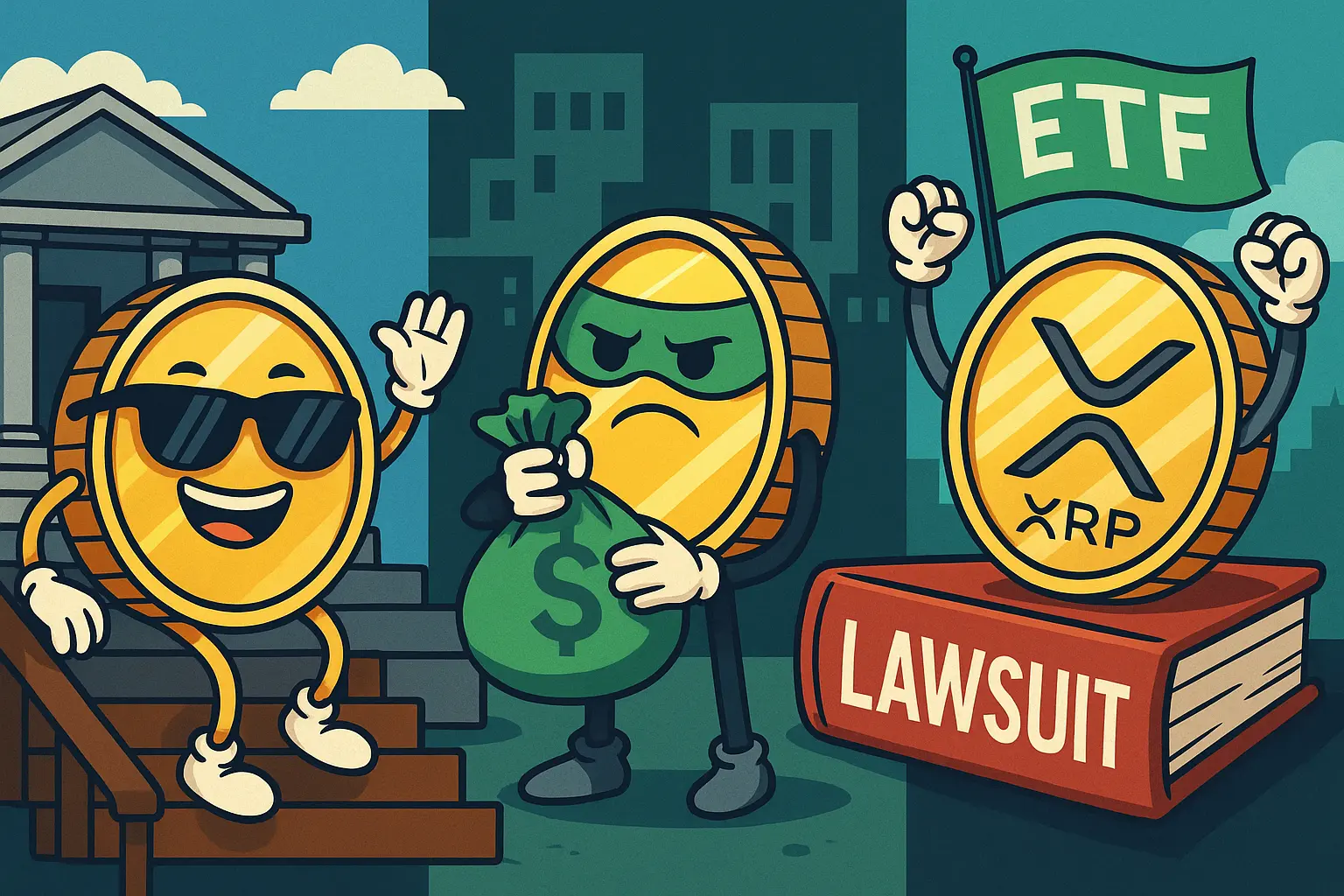 ビットコイン・イーサリアム・XRPを擬人化した仮想通貨市場の風刺イラスト