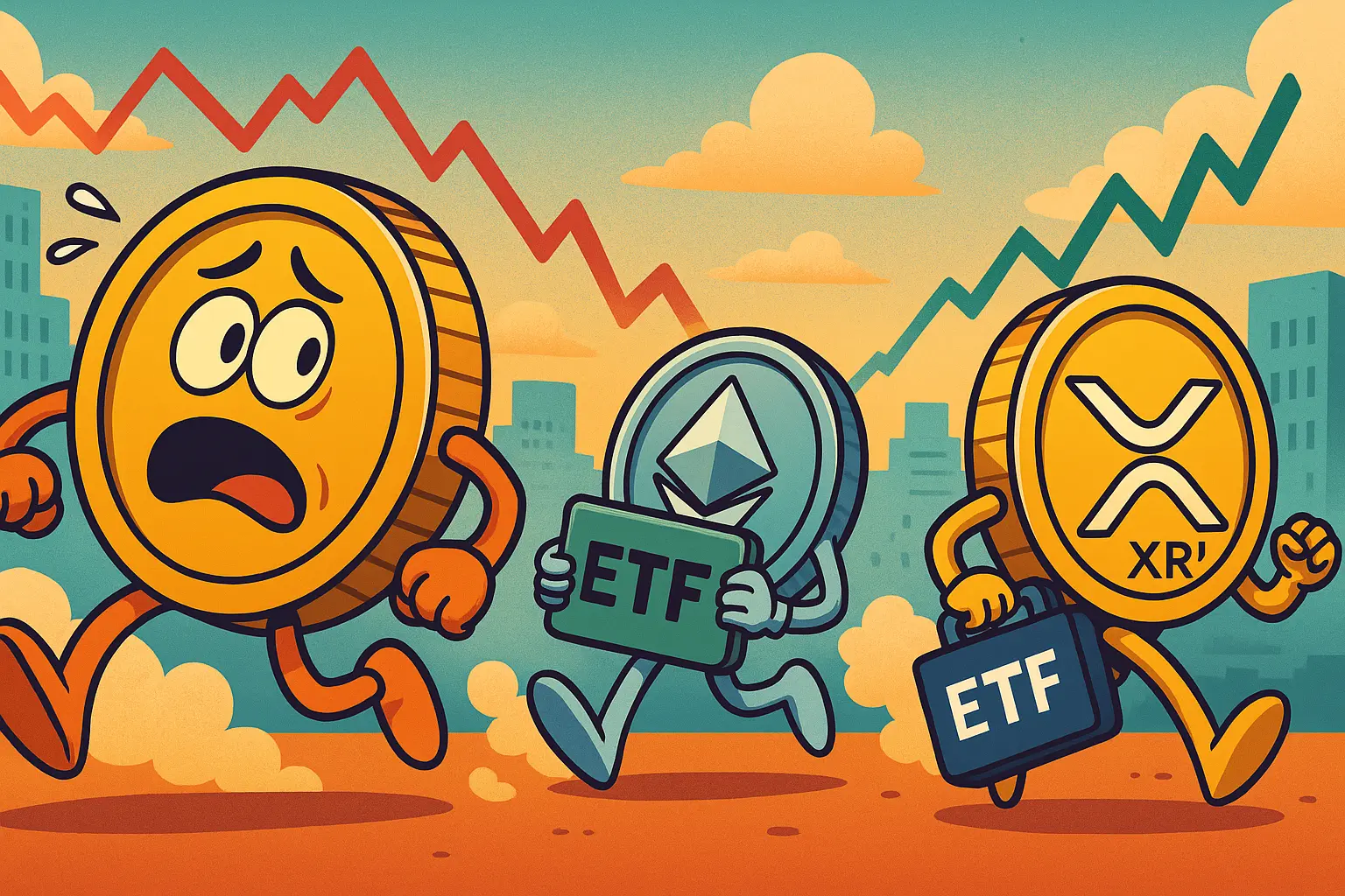 ビットコインが動揺し、イーサリアムとXRPがETFを抱えて走る擬人化イラスト。市場の対照的な動きを象徴。
