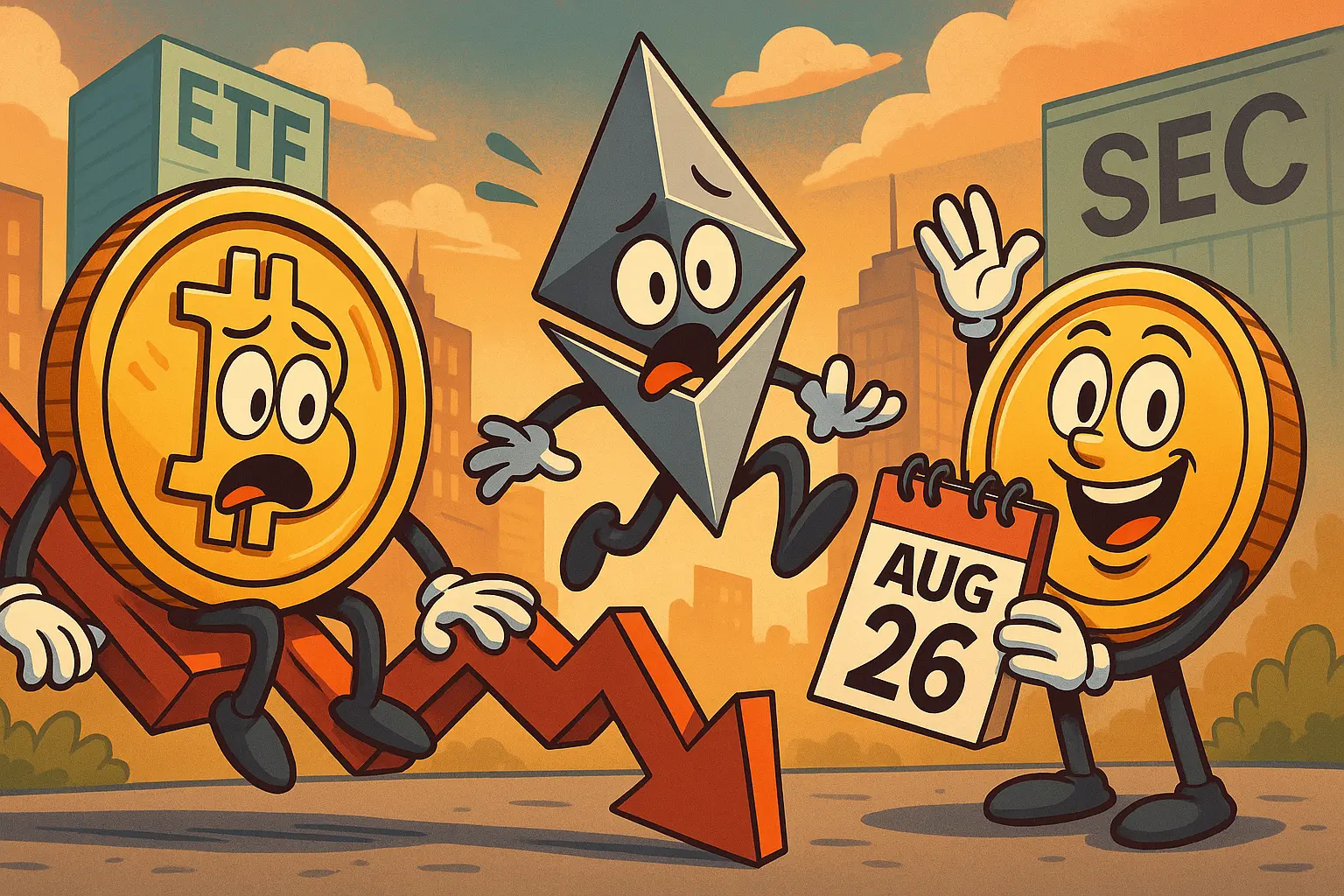 ビットコインとイーサリアムが下落を表情で示し、ETFとSECを背景に風刺的に描かれたイラスト